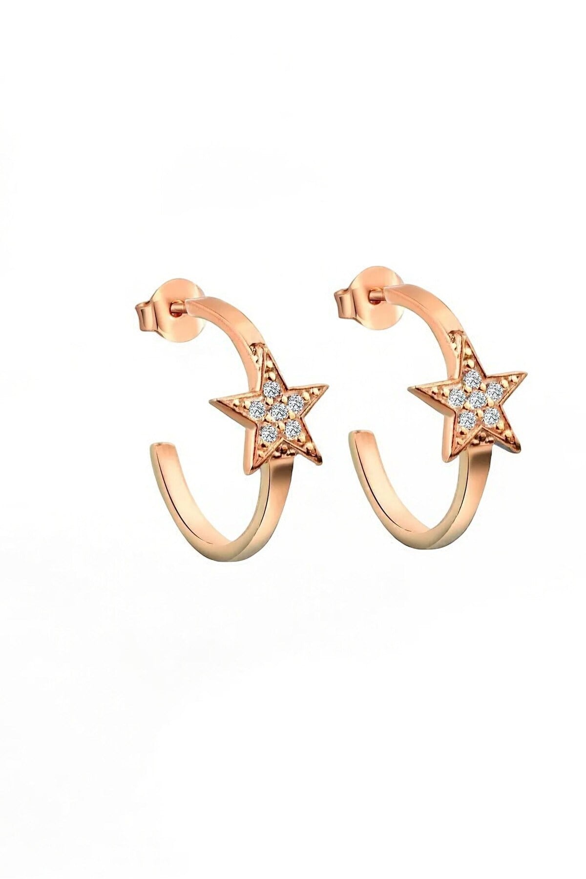Gümüş 925 Ayar Zirkon Taşlı 1,6 Cm Sıra Taşlı Yarım Tur Rose Yıldız Küpe