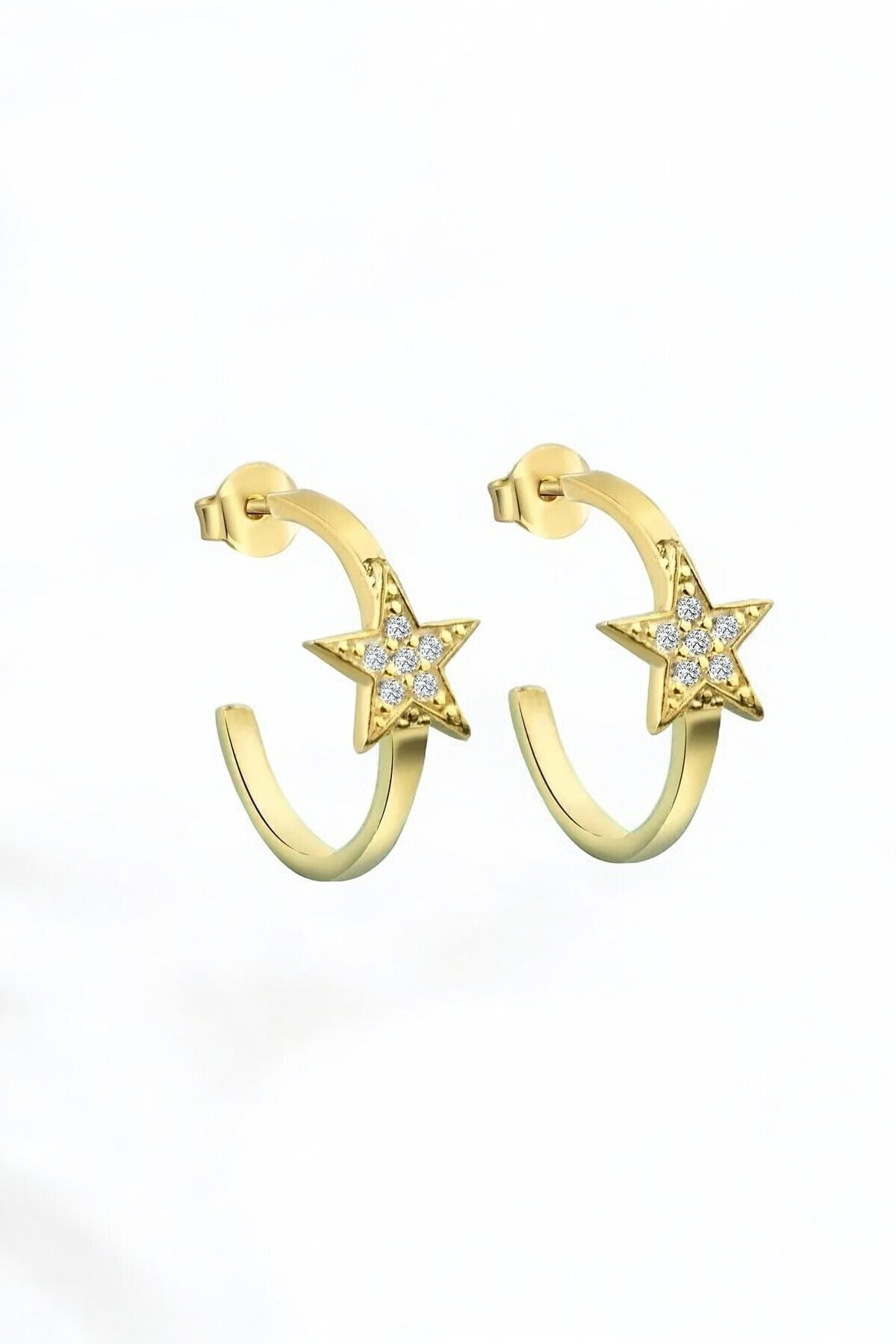 Gümüş 925 Ayar Zirkon Taşlı 1,6 Cm Sıra Taşlı Yarım Tur Gold Yıldız Küpe