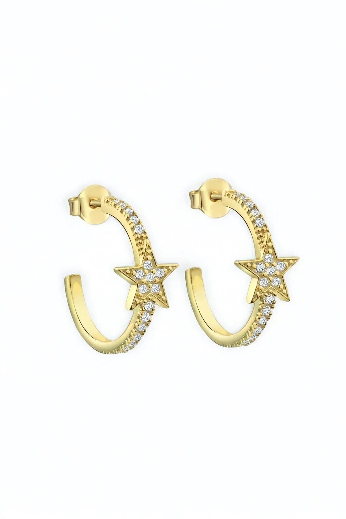Gümüş 925 Ayar Zirkon Taşlı 1,6 Cm Sıra Taşlı Yarım Tur Gold Yıldız Küpe