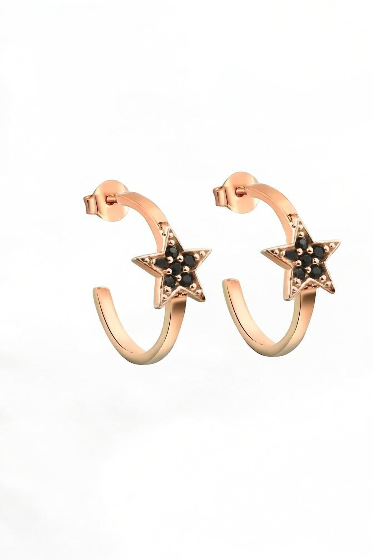 Gümüş 925 Ayar Zirkon Taşlı 1,6 Cm Sıra Taşlı Yarım Tur Rose Yıldız Küpe