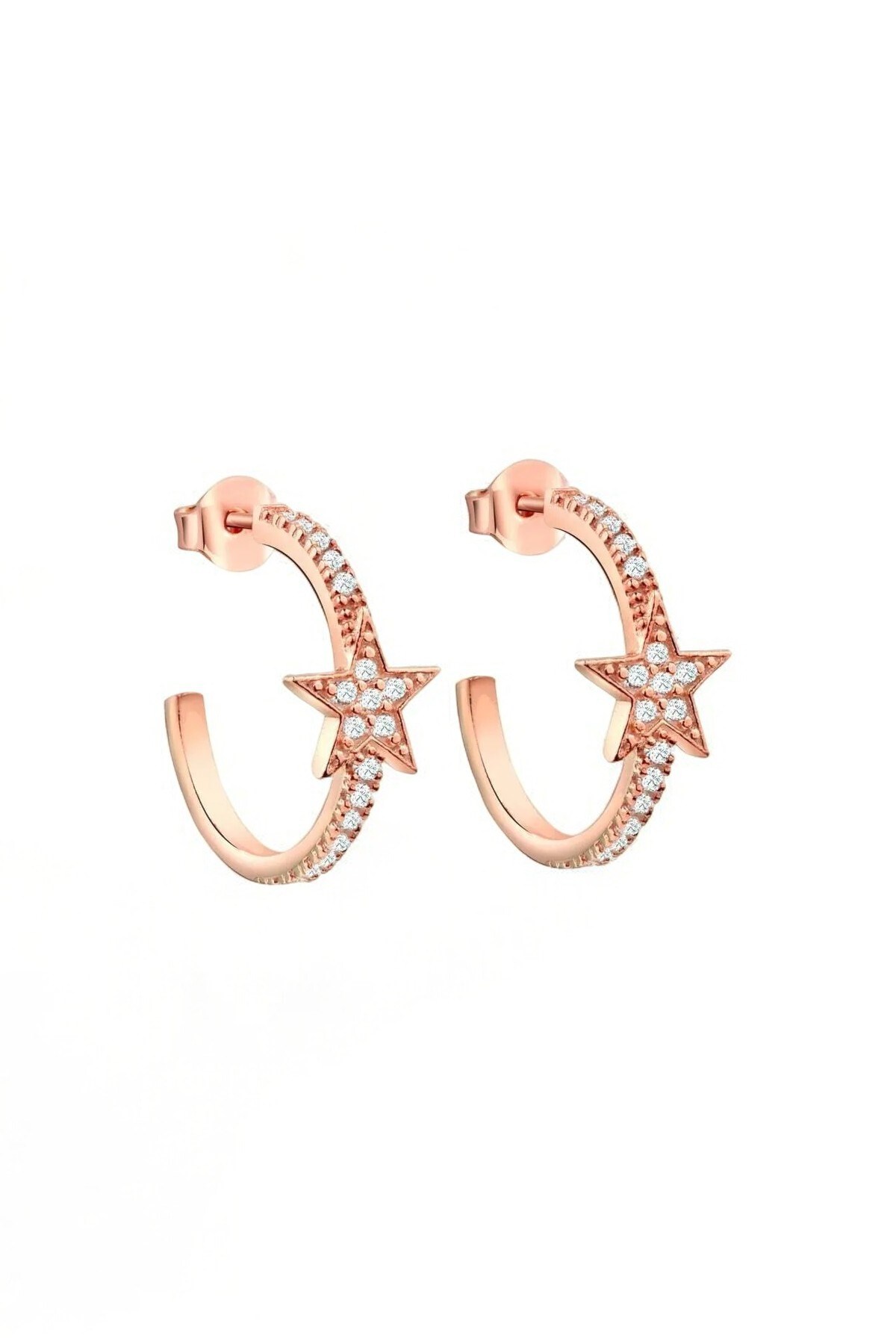 Gümüş 925 Ayar Zirkon Taşlı 1,6 Cm Sıra Taşlı Yarım Tur Rose Yıldız Küpe