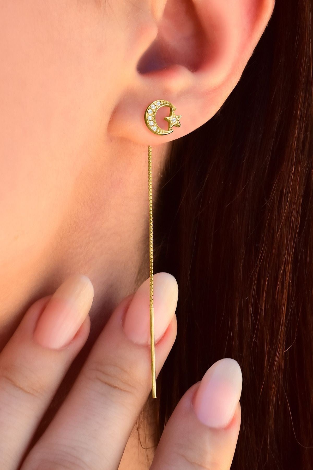 Gümüş 925 Ayar Zirkon Taşlı Ay Yıldız Zincirli Model Gold Küpe