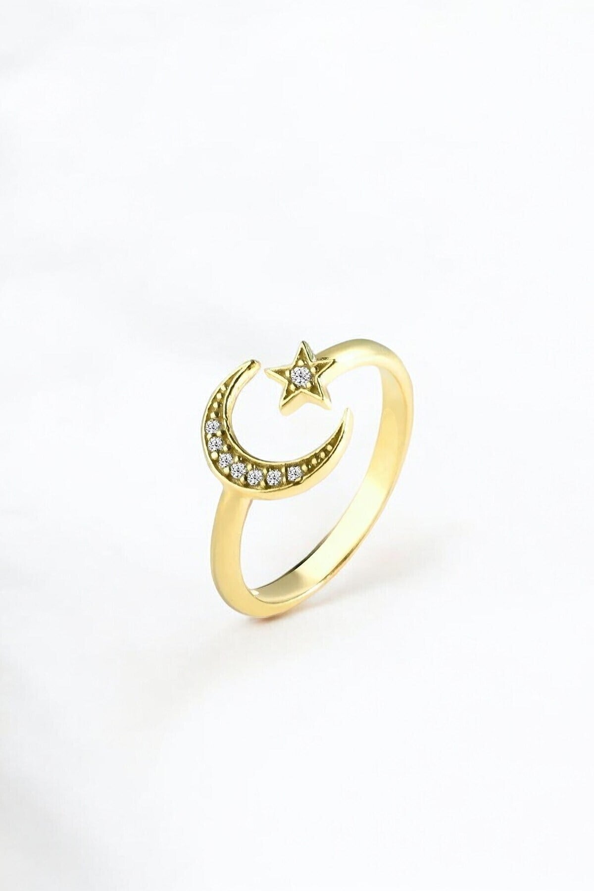 Gümüş 925 Ayar Zirkon Taşlı Ayarlanabilir Ay Yıldız Model Gold Yüzük