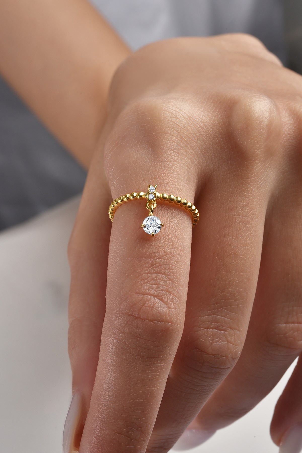 Gümüş 925 Ayar Zirkon Taşlı Ayarlanabilir Gold Yüzük