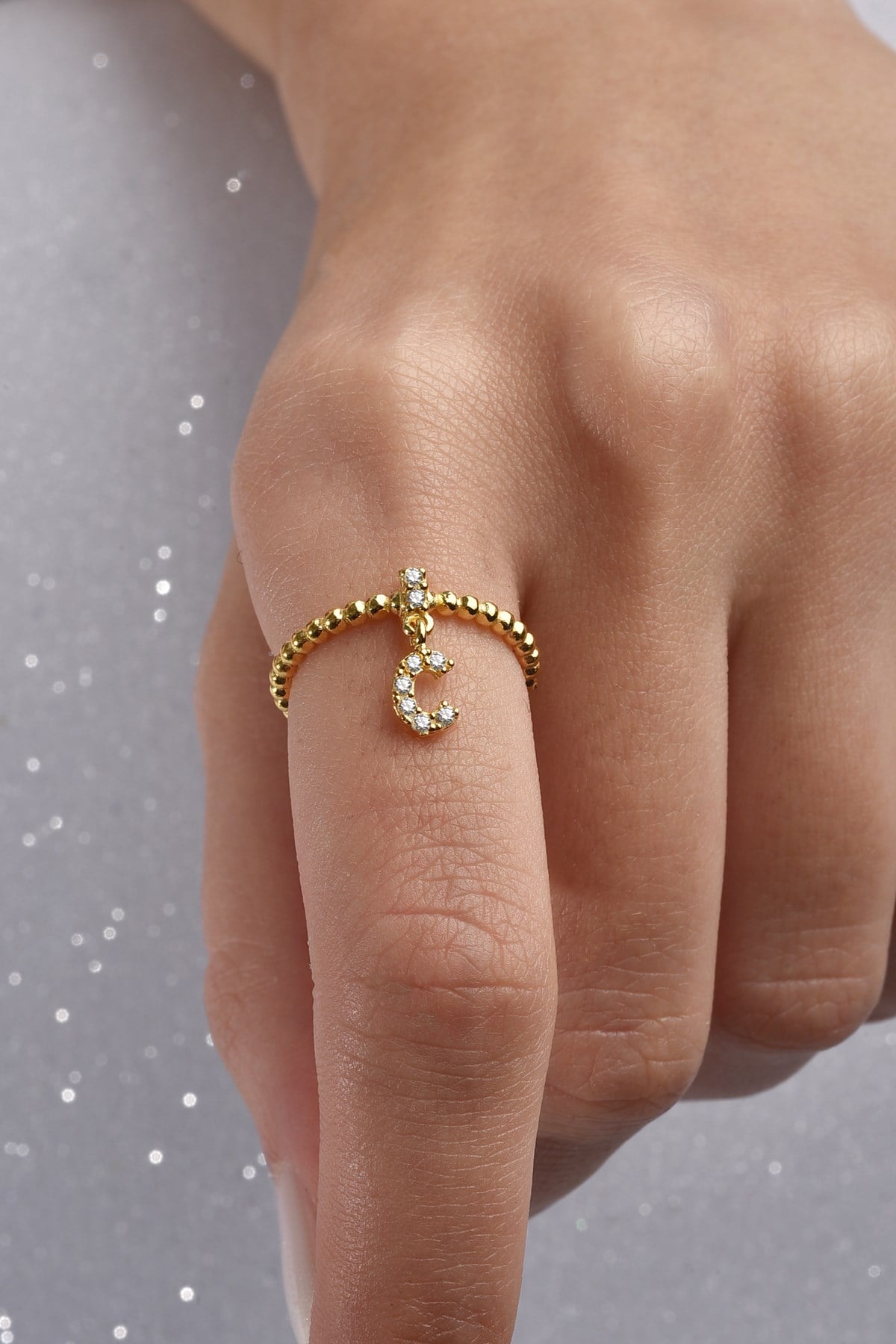 Gümüş 925 Ayar Zirkon Taşlı C Harf Ayarlanabilir Gold Yüzük