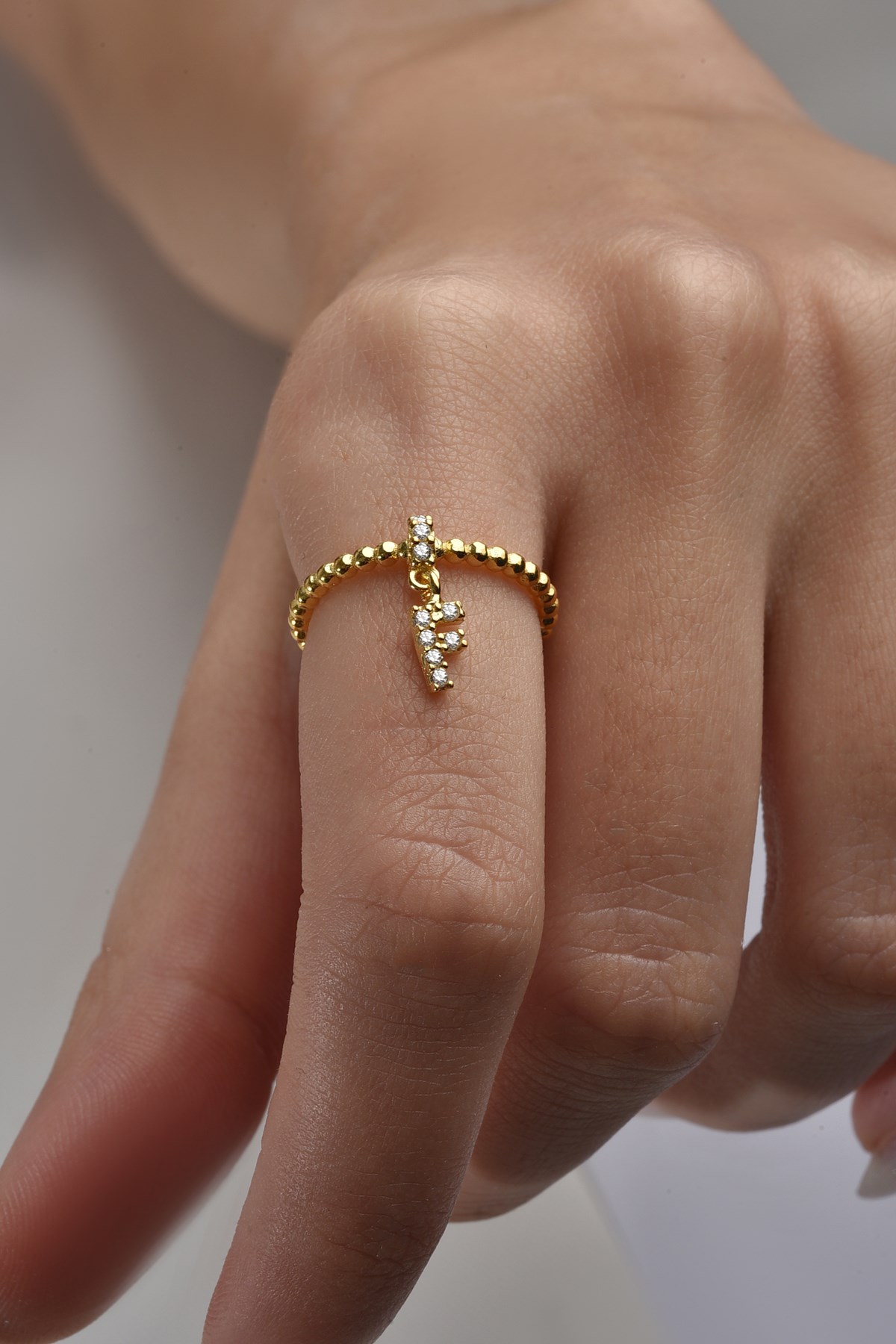 Gümüş 925 Ayar Zirkon Taşlı F Harf Ayarlanabilir Gold Yüzük