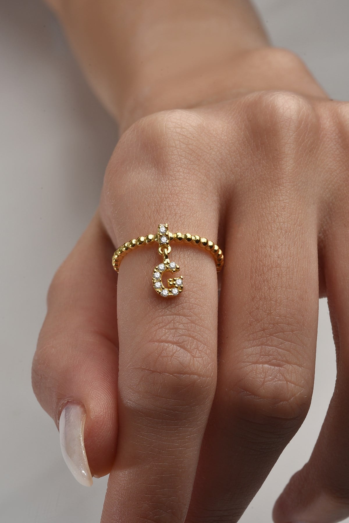 Gümüş 925 Ayar Zirkon Taşlı G Harf Ayarlanabilir Gold Yüzük