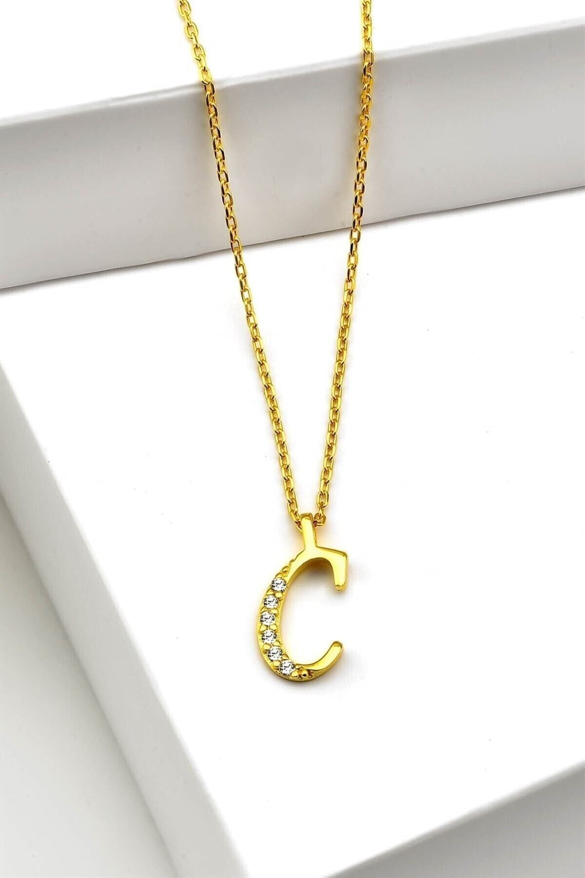 Gümüş 925 Ayar Zirkon Taşlı Gold Harf Kolye C