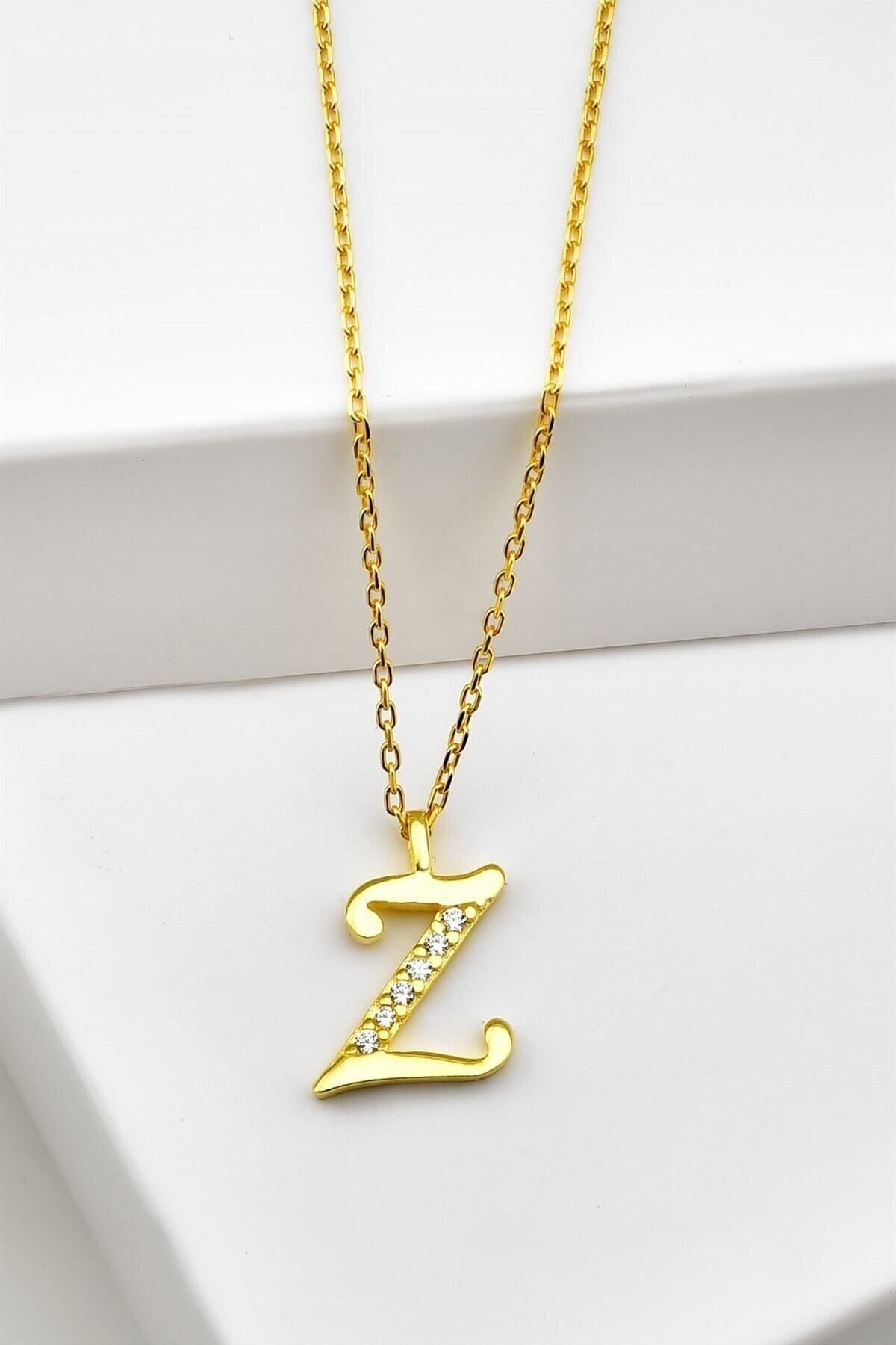 Gümüş 925 Ayar Zirkon Taşlı Gold Harf Kolye Z