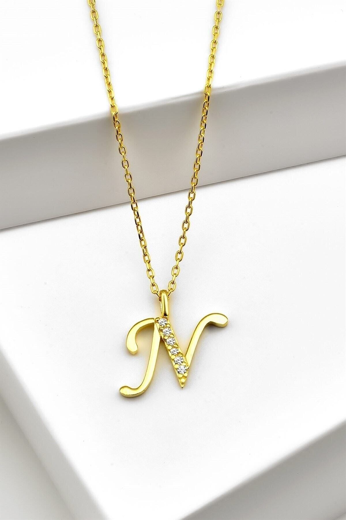 Gümüş 925 Ayar Zirkon Taşlı Gold Harf Kolye N