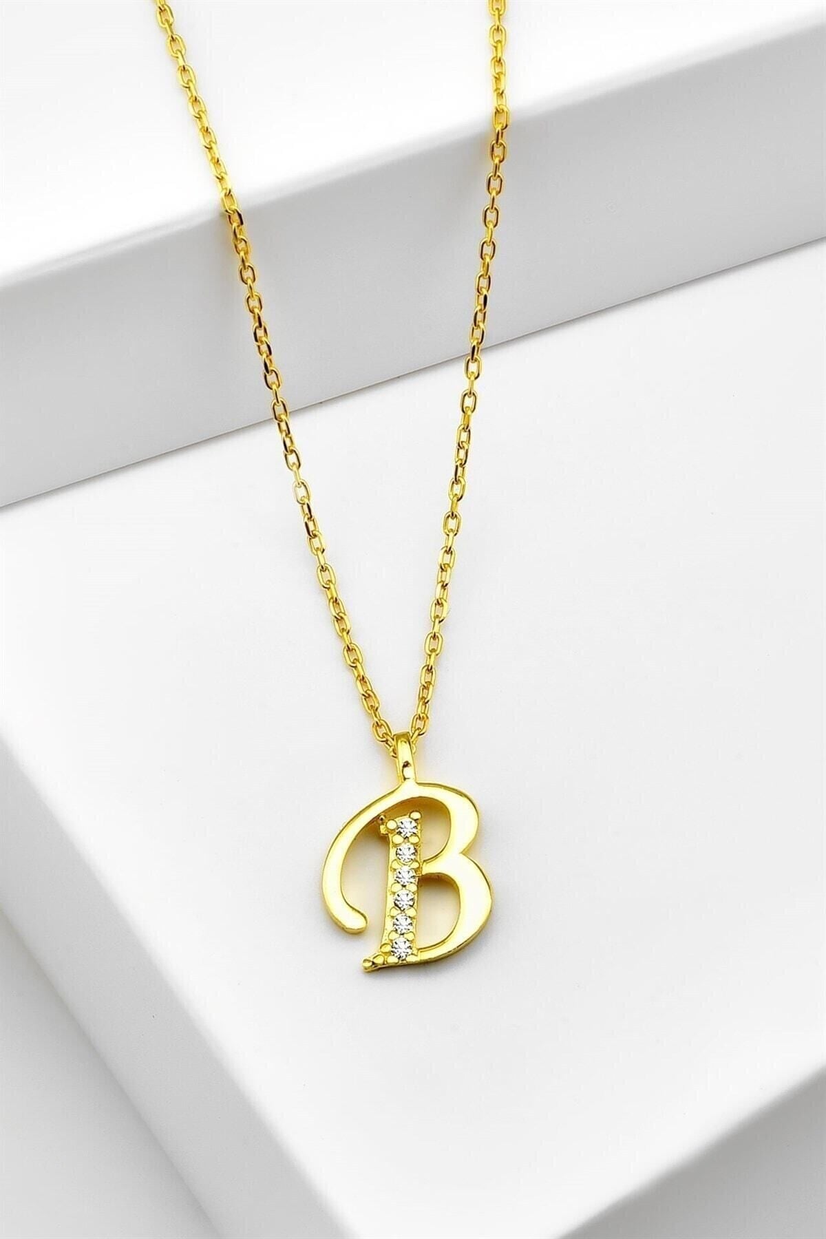 Gümüş 925 Ayar Zirkon Taşlı Gold Harf Kolye B