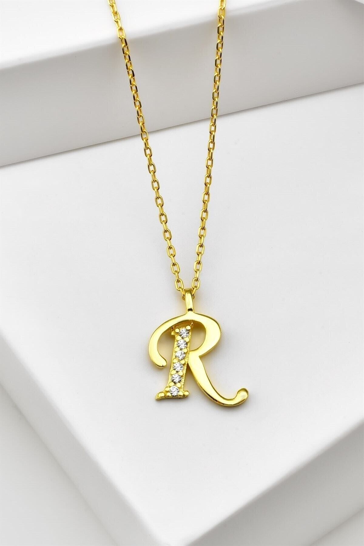 Gümüş 925 Ayar Zirkon Taşlı Gold Harf Kolye R