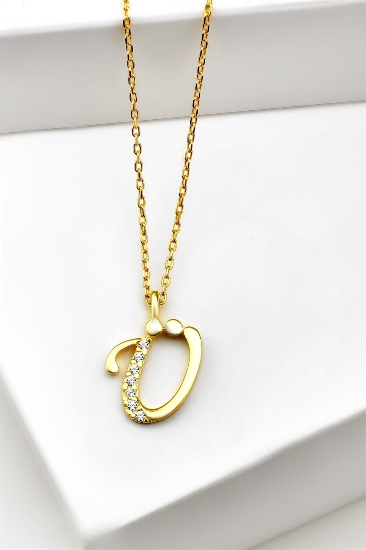 Gümüş 925 Ayar Zirkon Taşlı Gold Harf Kolye Ü