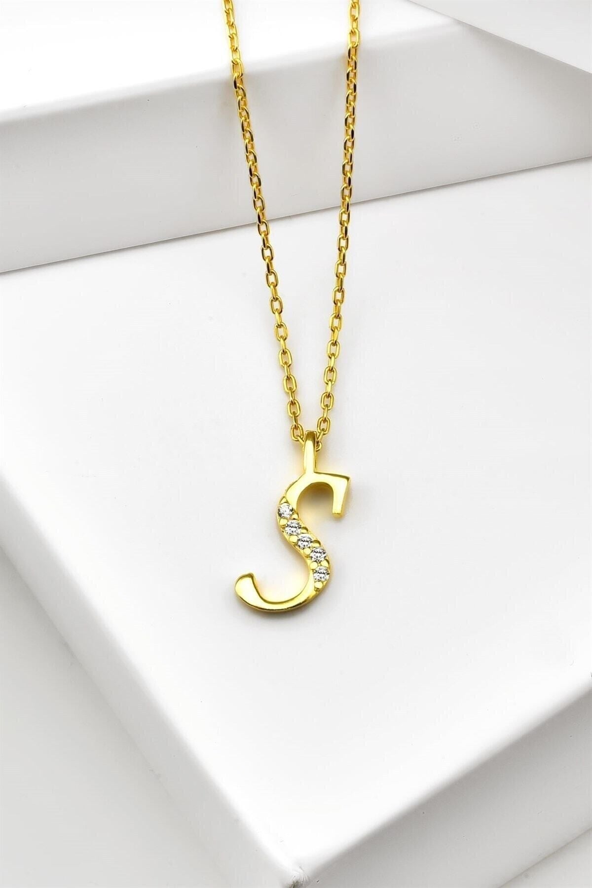 Gümüş 925 Ayar Zirkon Taşlı Gold Harf Kolye S