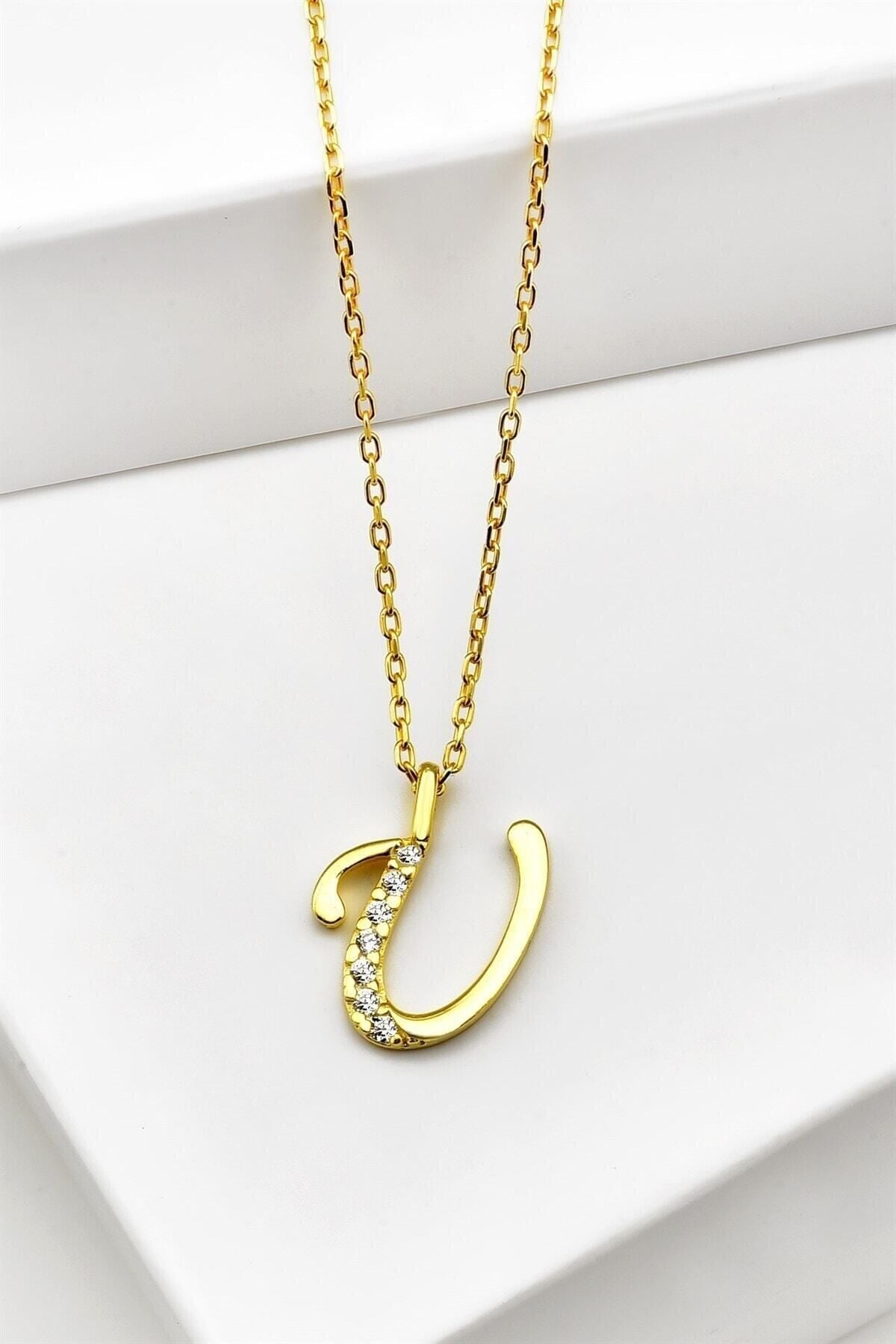 Gümüş 925 Ayar Zirkon Taşlı Gold Harf Kolye U
