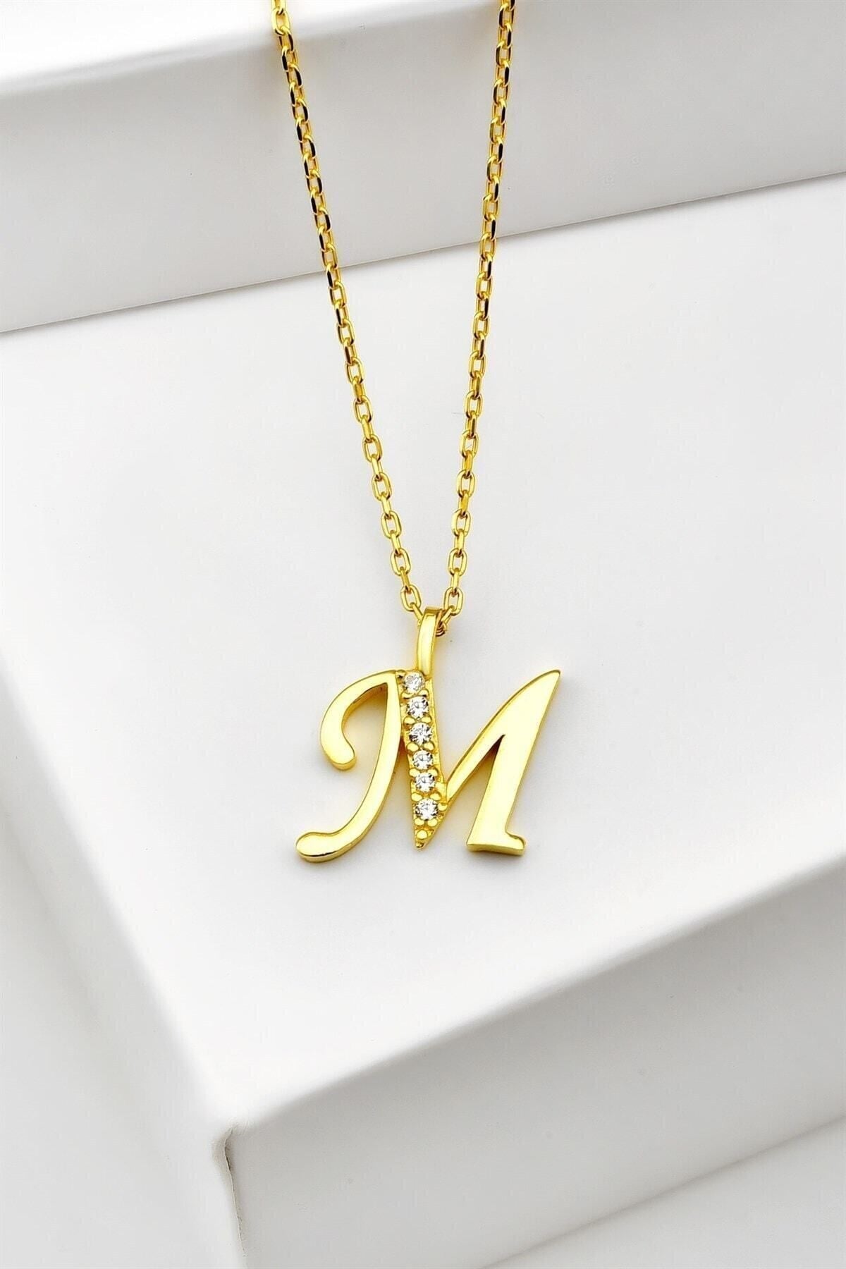 Gümüş 925 Ayar Zirkon Taşlı Gold Harf Kolye M