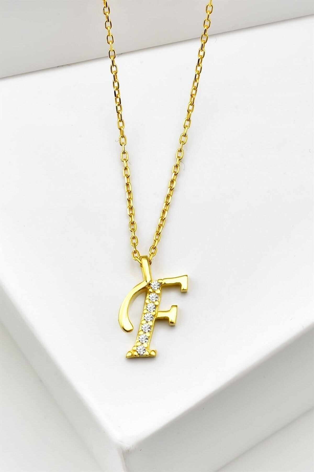 Gümüş 925 Ayar Zirkon Taşlı Gold Harf Kolye F
