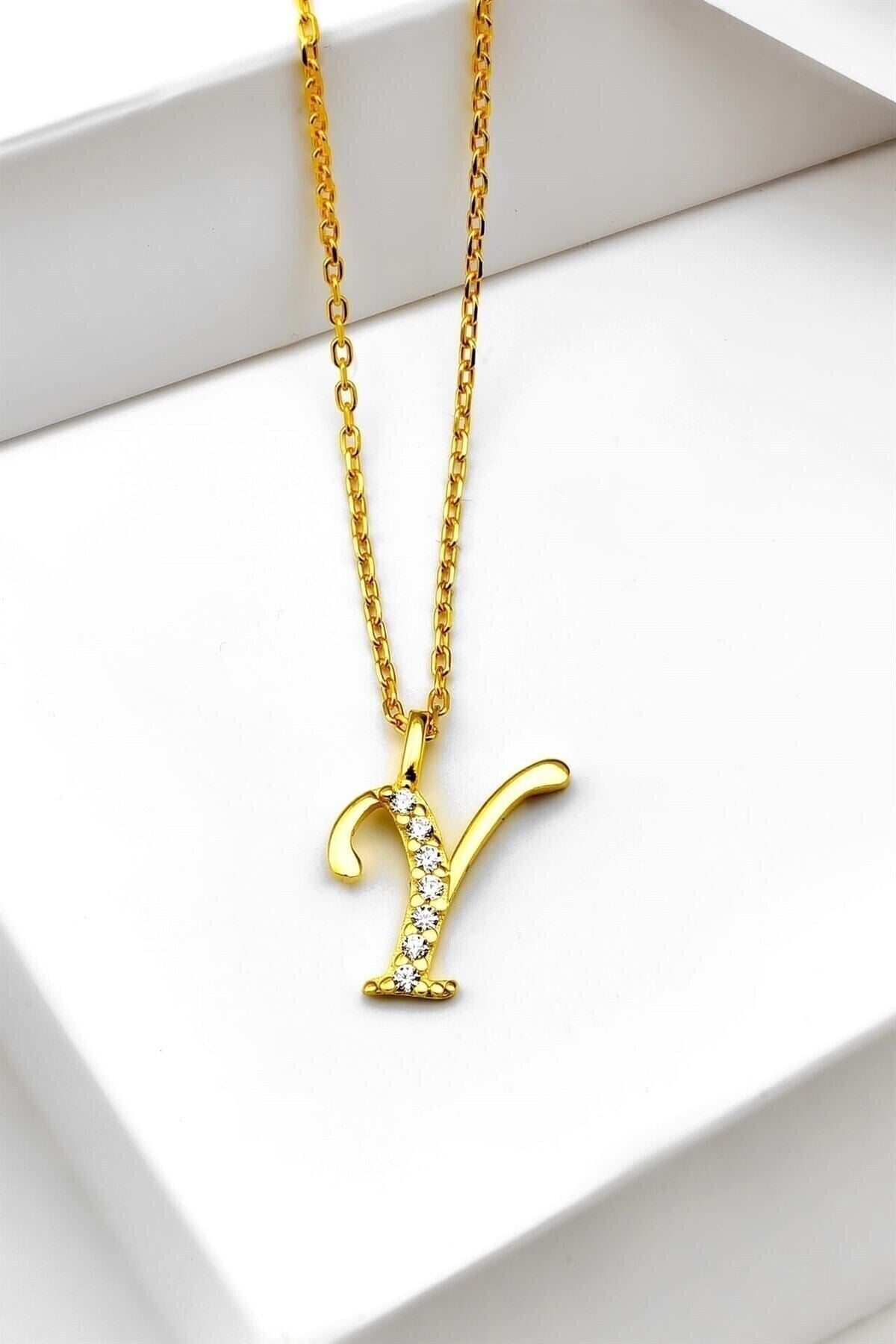 Gümüş 925 Ayar Zirkon Taşlı Gold Harf Kolye Y