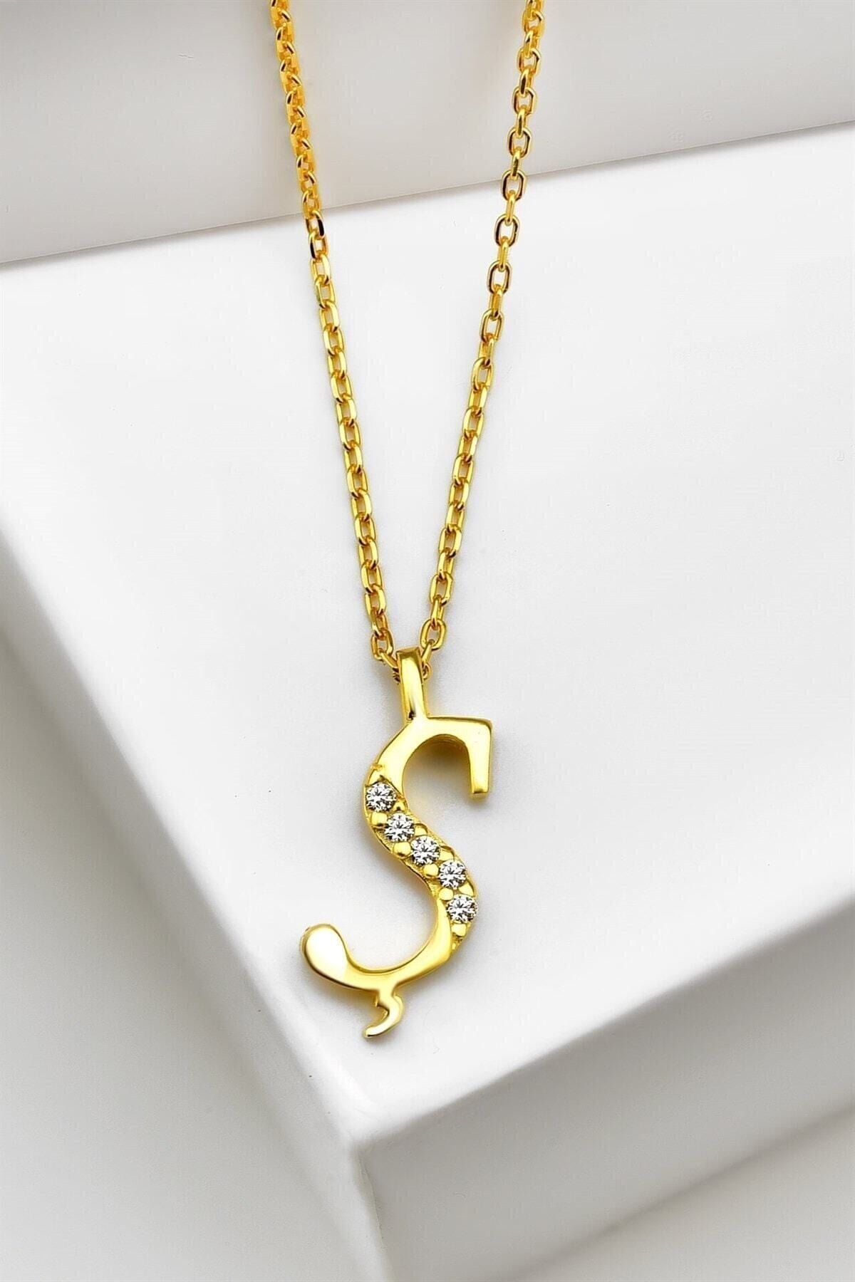 Gümüş 925 Ayar Zirkon Taşlı Gold Harf Kolye Ş