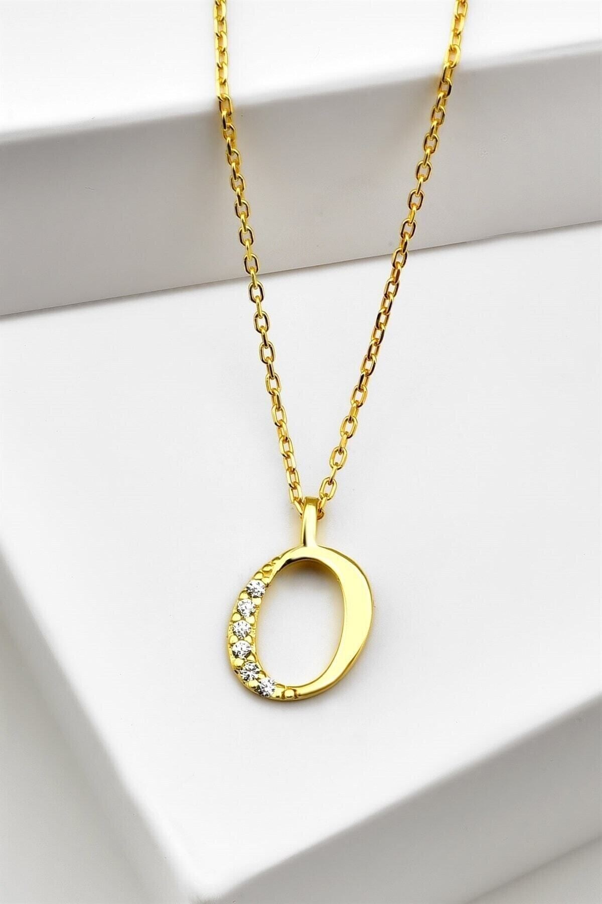 Gümüş 925 Ayar Zirkon Taşlı Gold Harf Kolye O