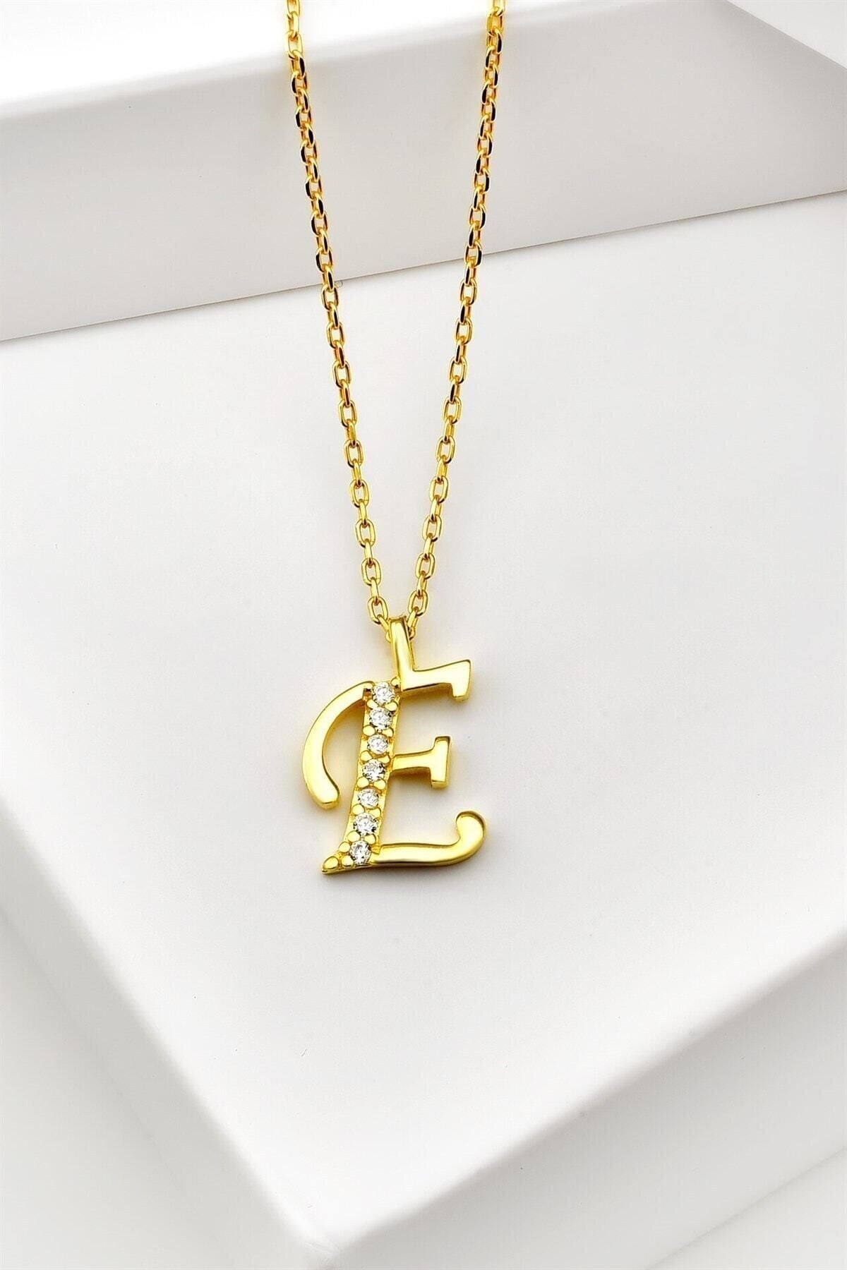 Gümüş 925 Ayar Zirkon Taşlı Gold Harf Kolye E