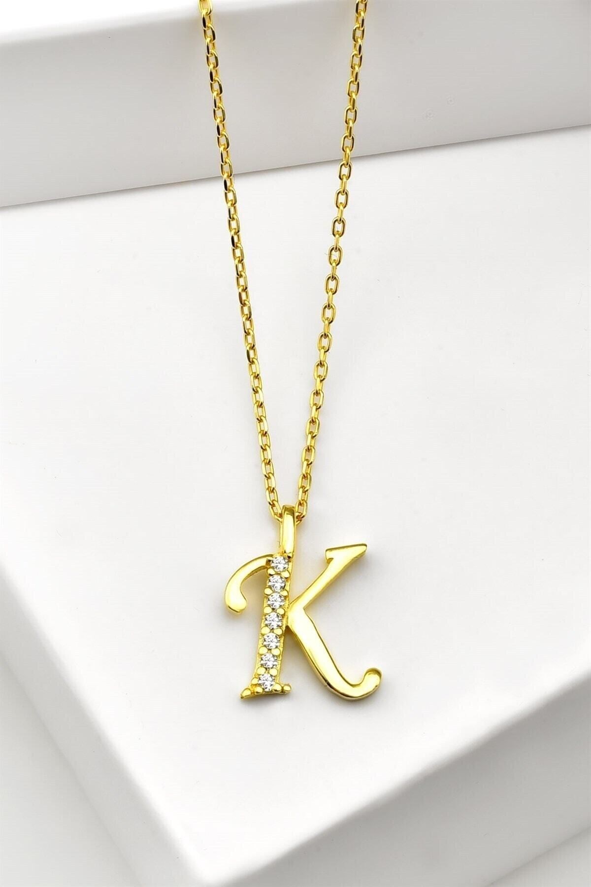 Gümüş 925 Ayar Zirkon Taşlı Gold Harf Kolye K