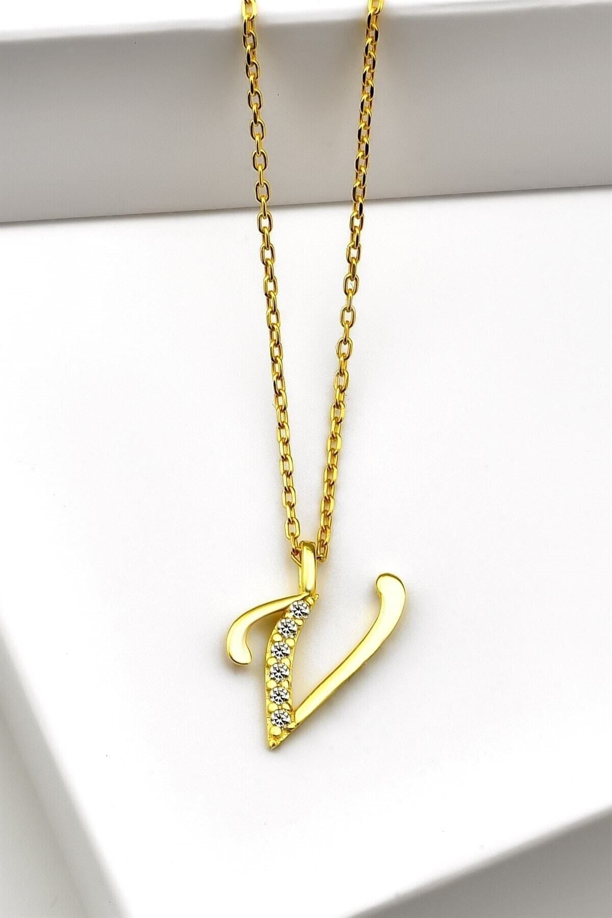 Gümüş 925 Ayar Zirkon Taşlı Gold Harf Kolye V