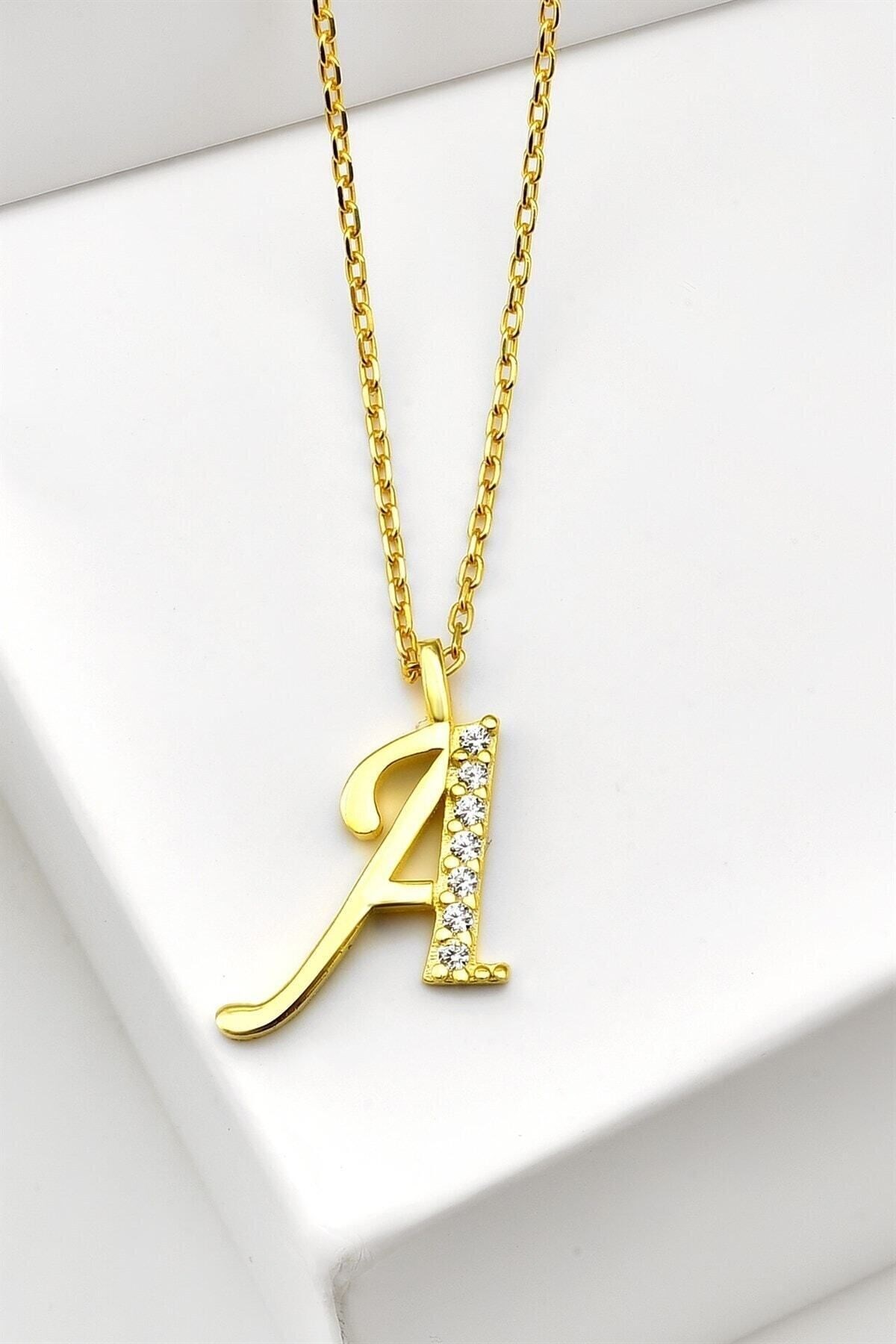 Gümüş 925 Ayar Zirkon Taşlı Gold Harf Kolye A