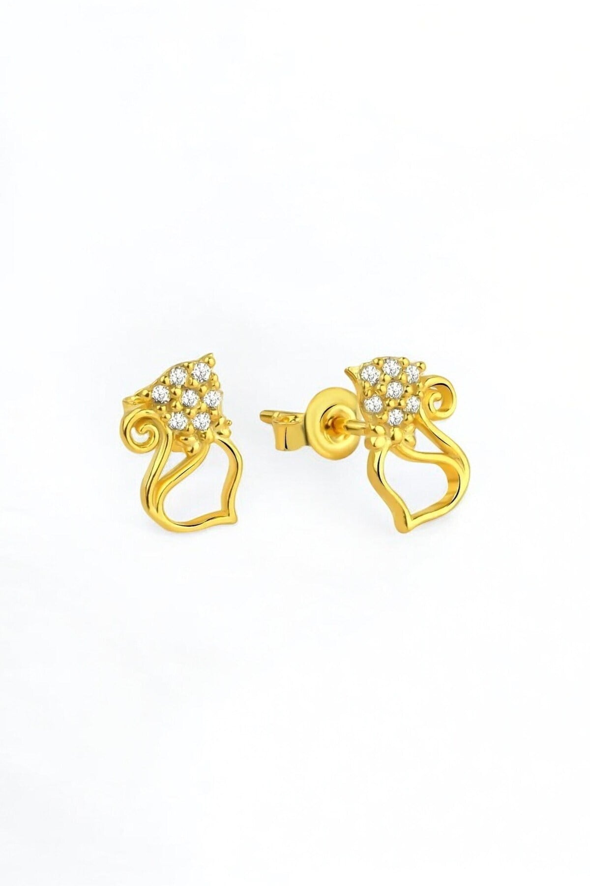 Gümüş 925 Ayar Zirkon Taşlı Gold Kedi Çivili Küpe