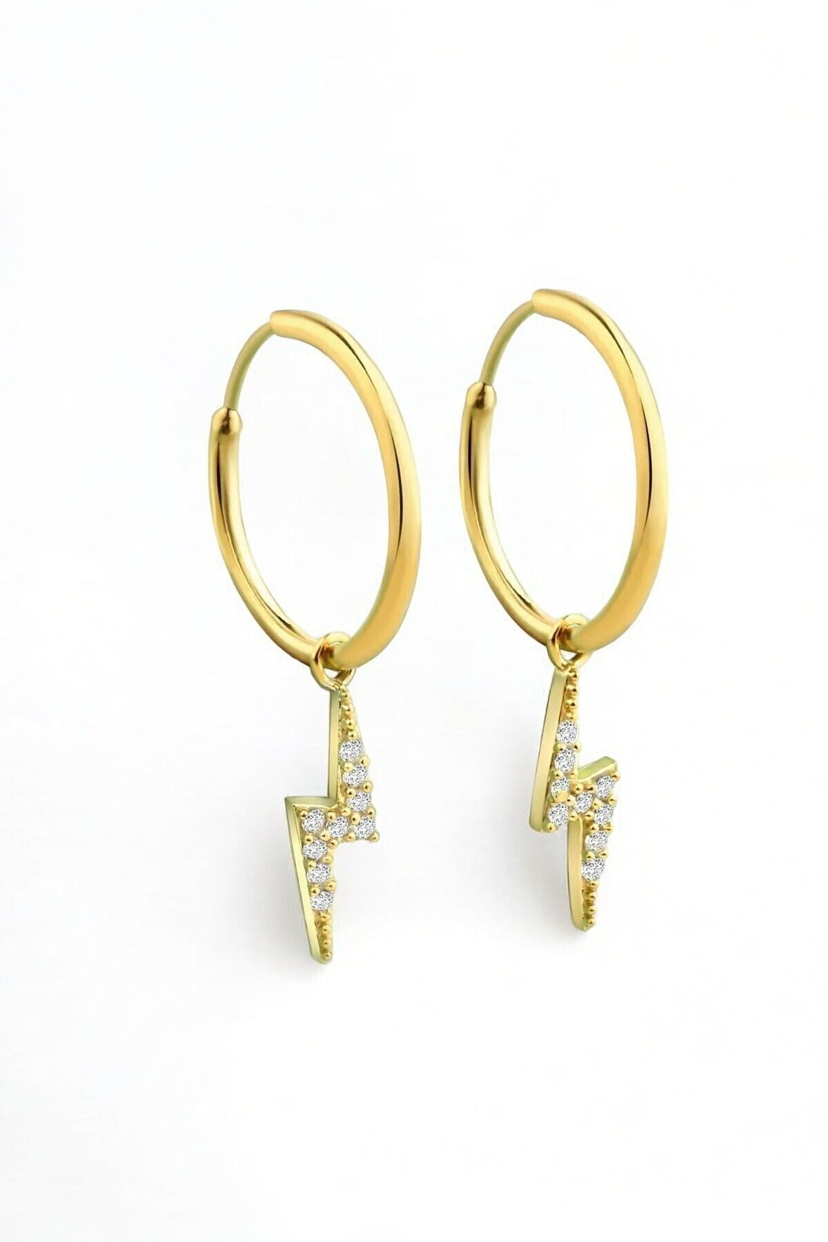 Gümüş 925 Ayar Zirkon Taşlı Halkalı Şimşek Model Gold Küpe