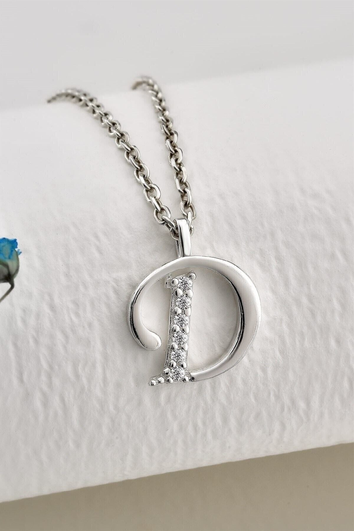 Gümüş 925 Ayar Zirkon Taşlı Harf Kolye D