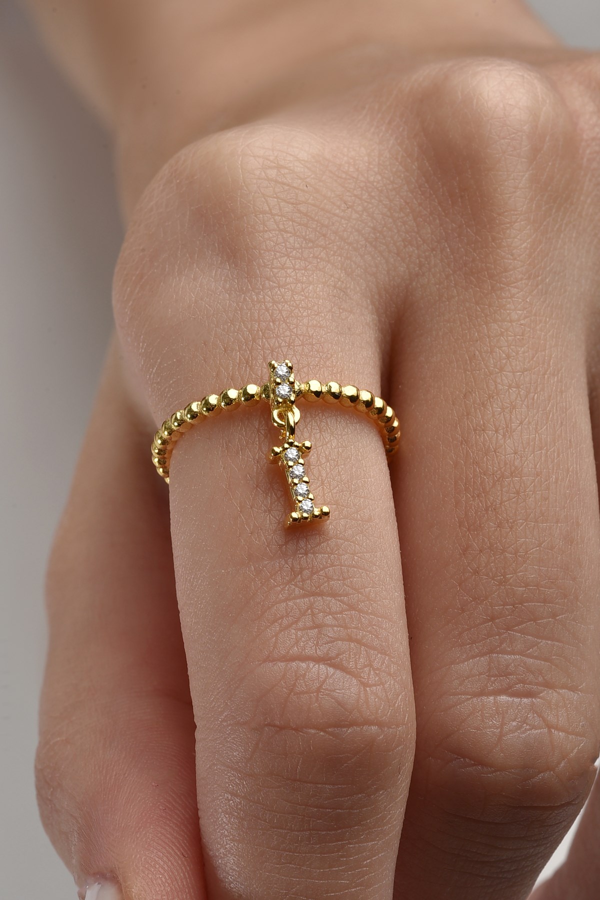 Gümüş 925 Ayar Zirkon Taşlı I Harf Ayarlanabilir Gold Yüzük