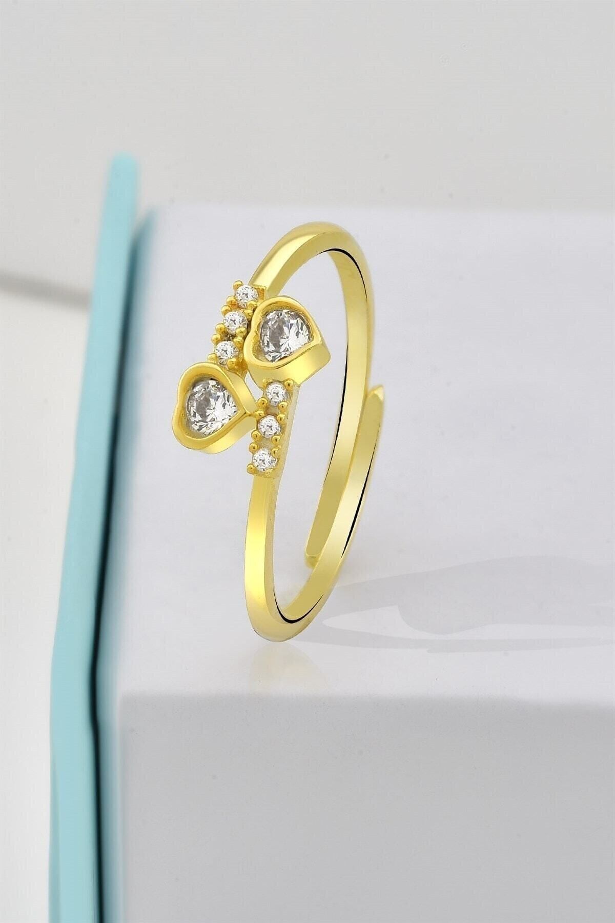 Gümüş 925 Ayar Zirkon Taşlı Kalben Model Gold Ayarlanabilir Yüzük