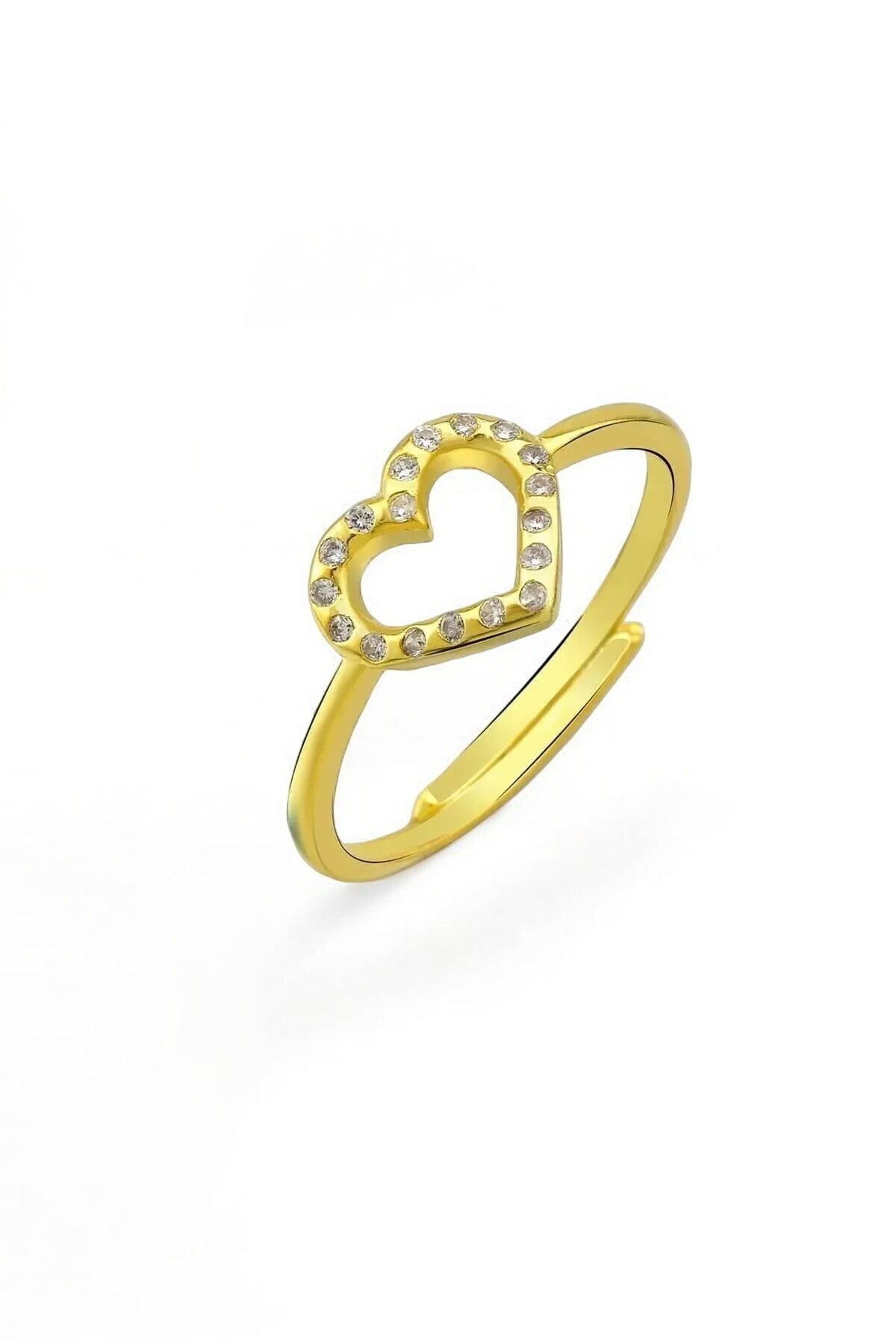 Gümüş 925 Ayar Zirkon Taşlı Kalp Model Gold Ayarlanabilir Yüzük