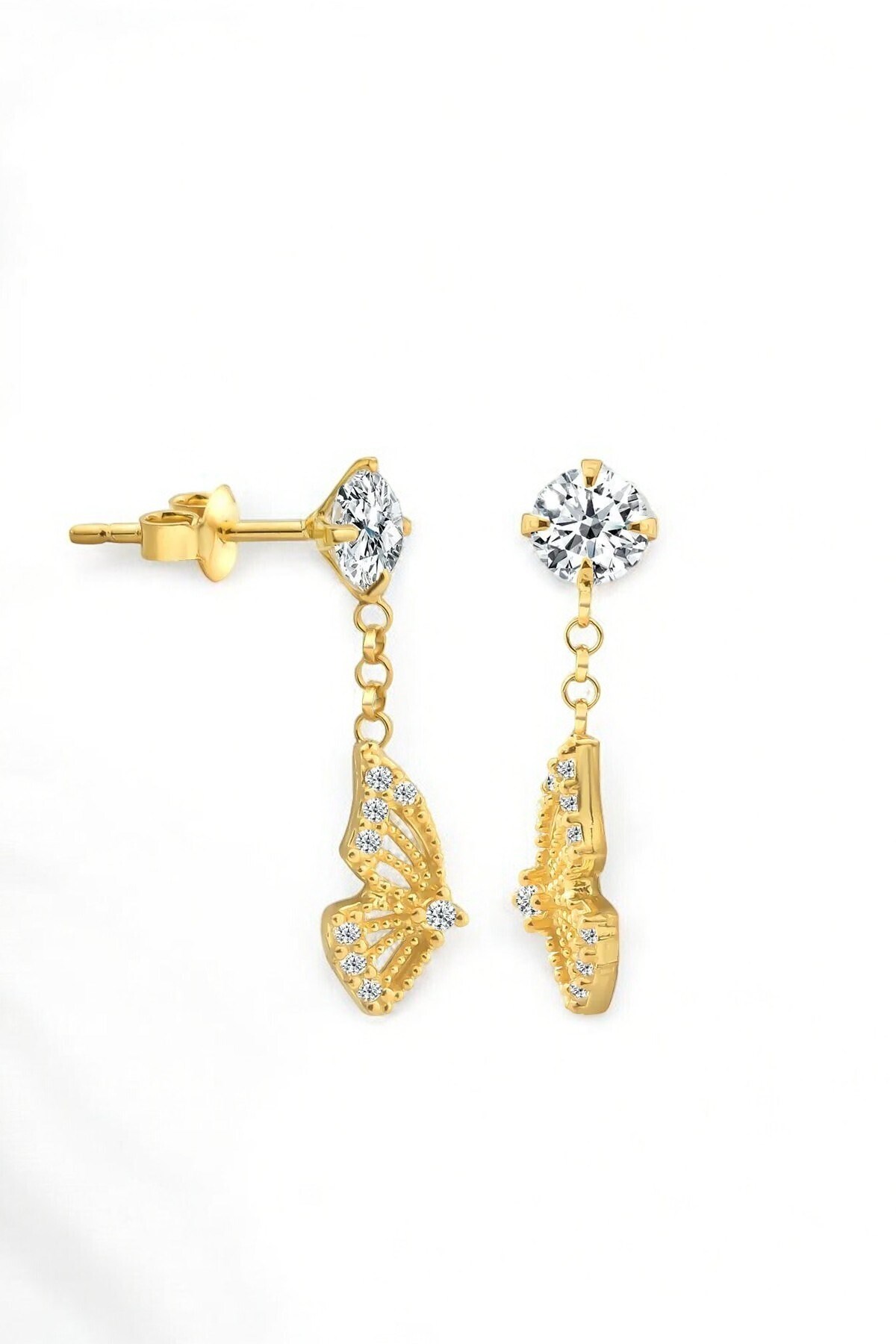 Gümüş 925 Ayar Zirkon Taşlı Kelebek Sallantılı Gold Küpe
