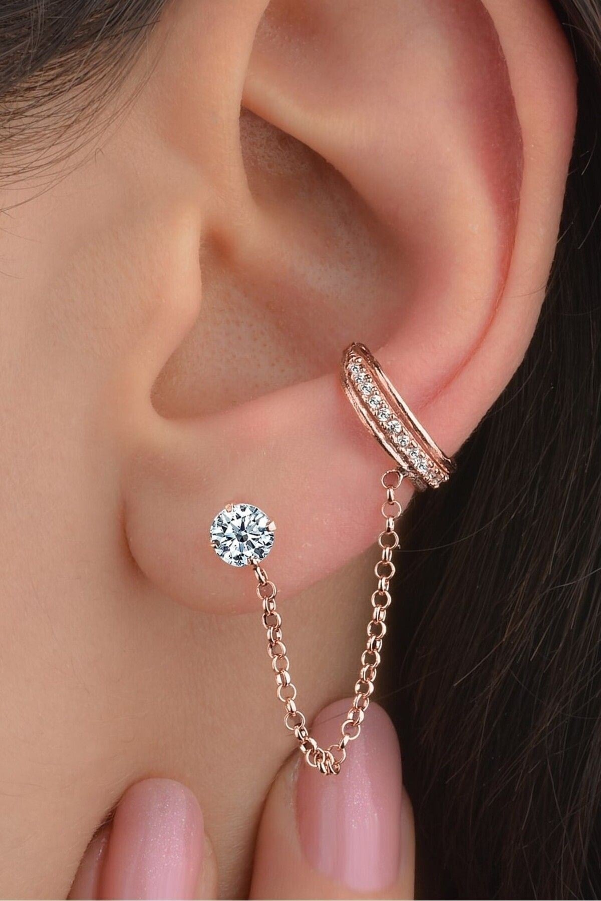 Gümüş 925 Ayar Zirkon Taşlı Kıkırdak Rose Küpe