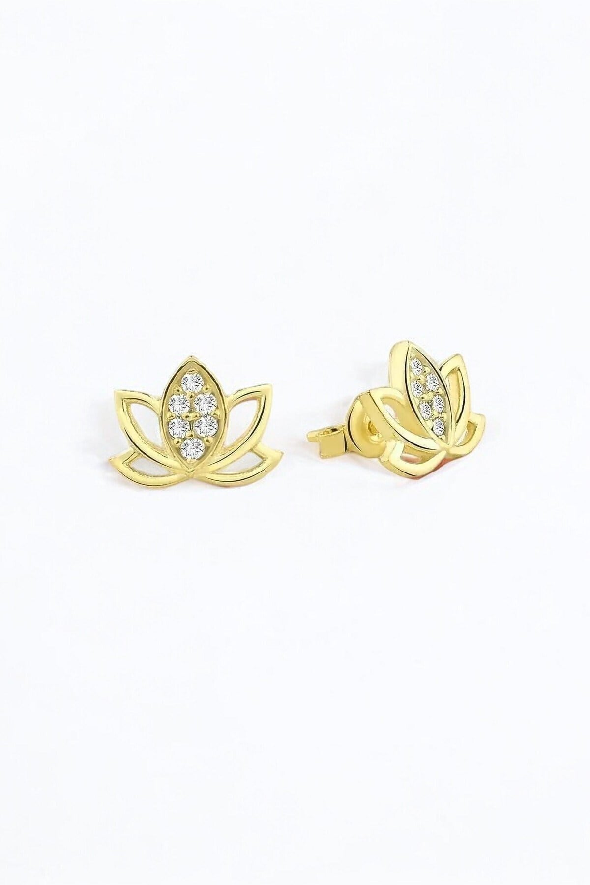 Gümüş 925 Ayar Zirkon Taşlı Lotus Çiçeği Çivili Küpe