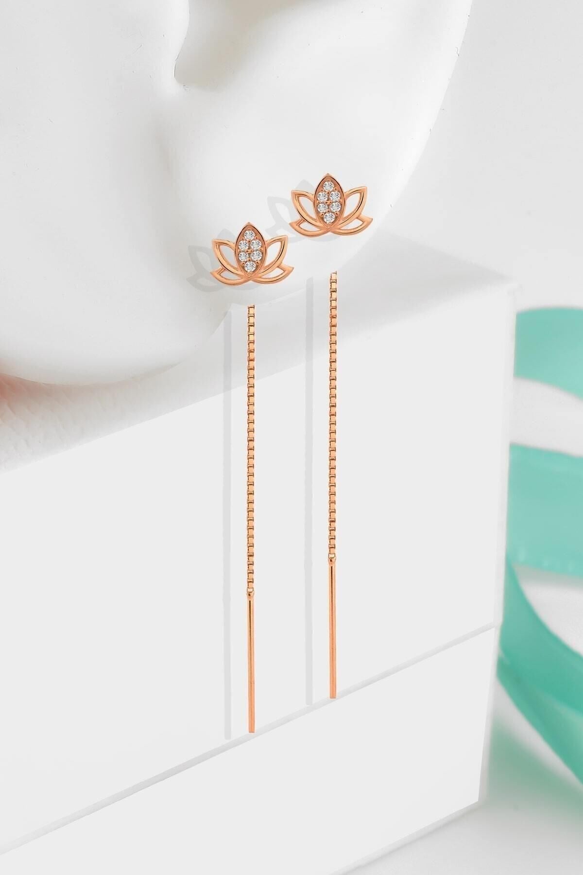 Gümüş 925 Ayar Zirkon Taşlı Lotus Çiçeği Zincirli Rose Küpe