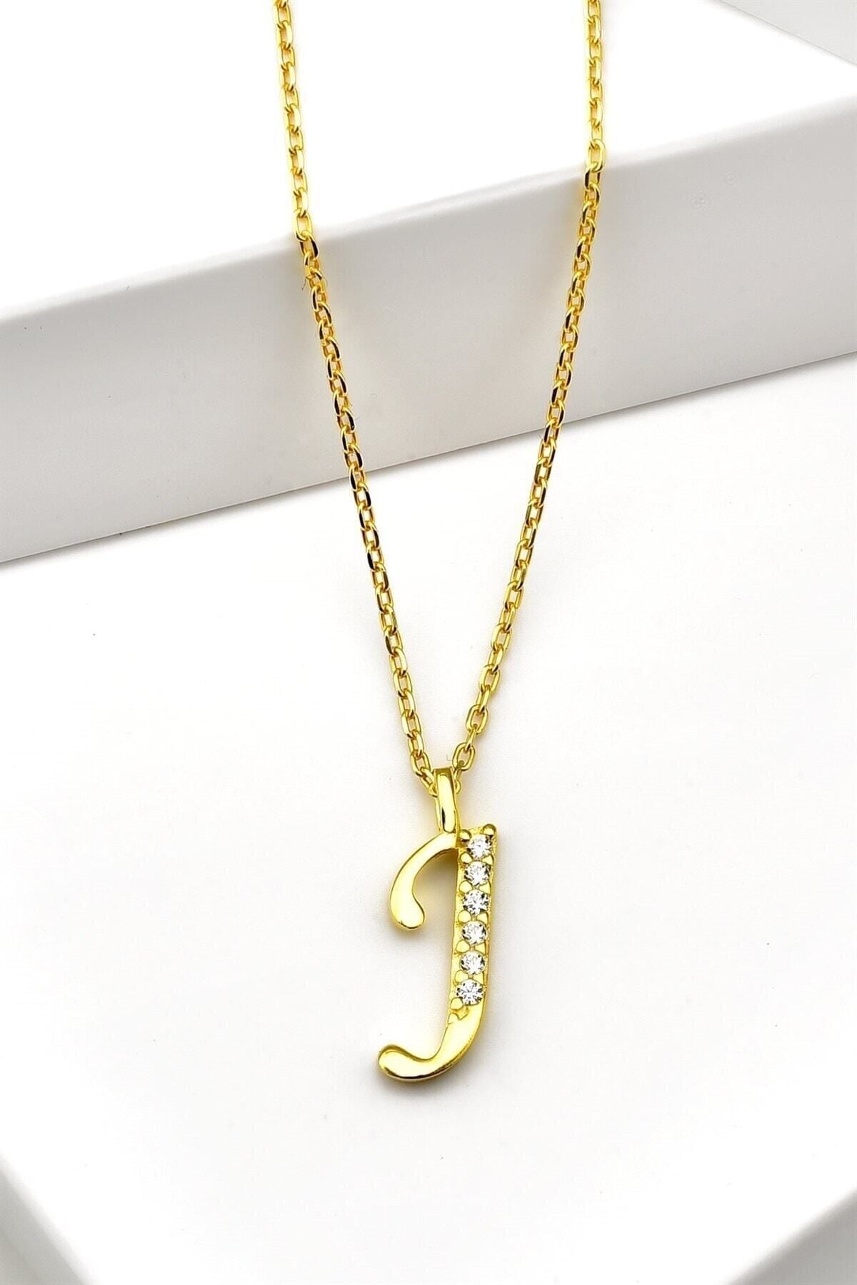 Gümüş 925 Ayar Zirkon Taşlı Minimal Gold Harf Kolye J