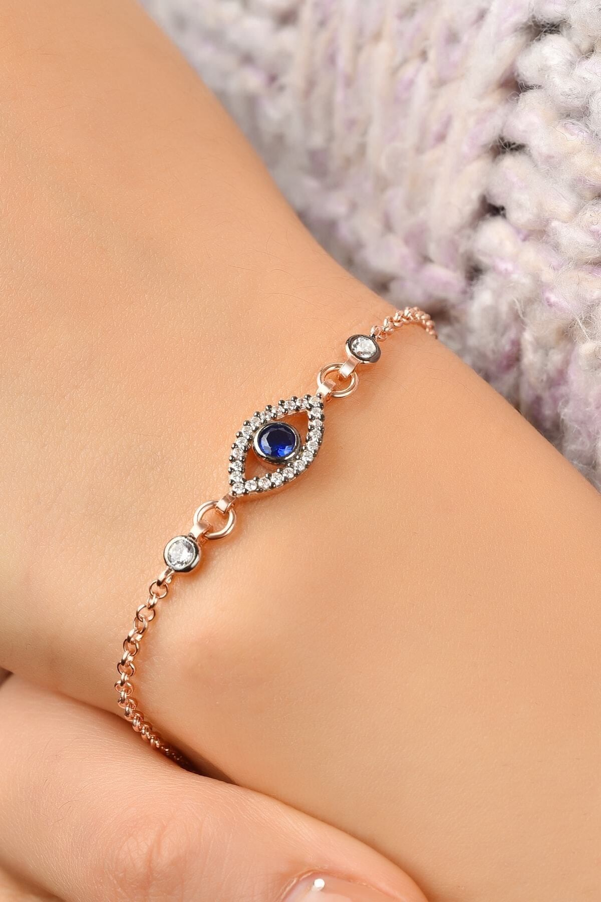 Gümüş 925 Ayar Zirkon Taşlı Nazar Model Rose Bileklik