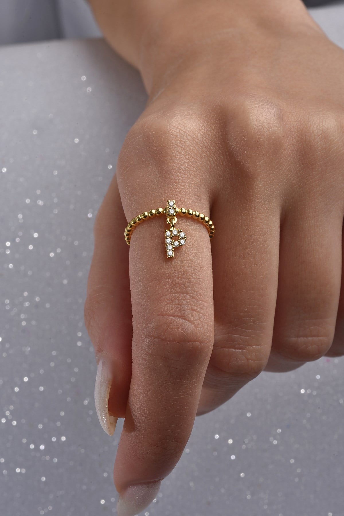 Gümüş 925 Ayar Zirkon Taşlı P Harf Ayarlanabilir Gold Yüzük