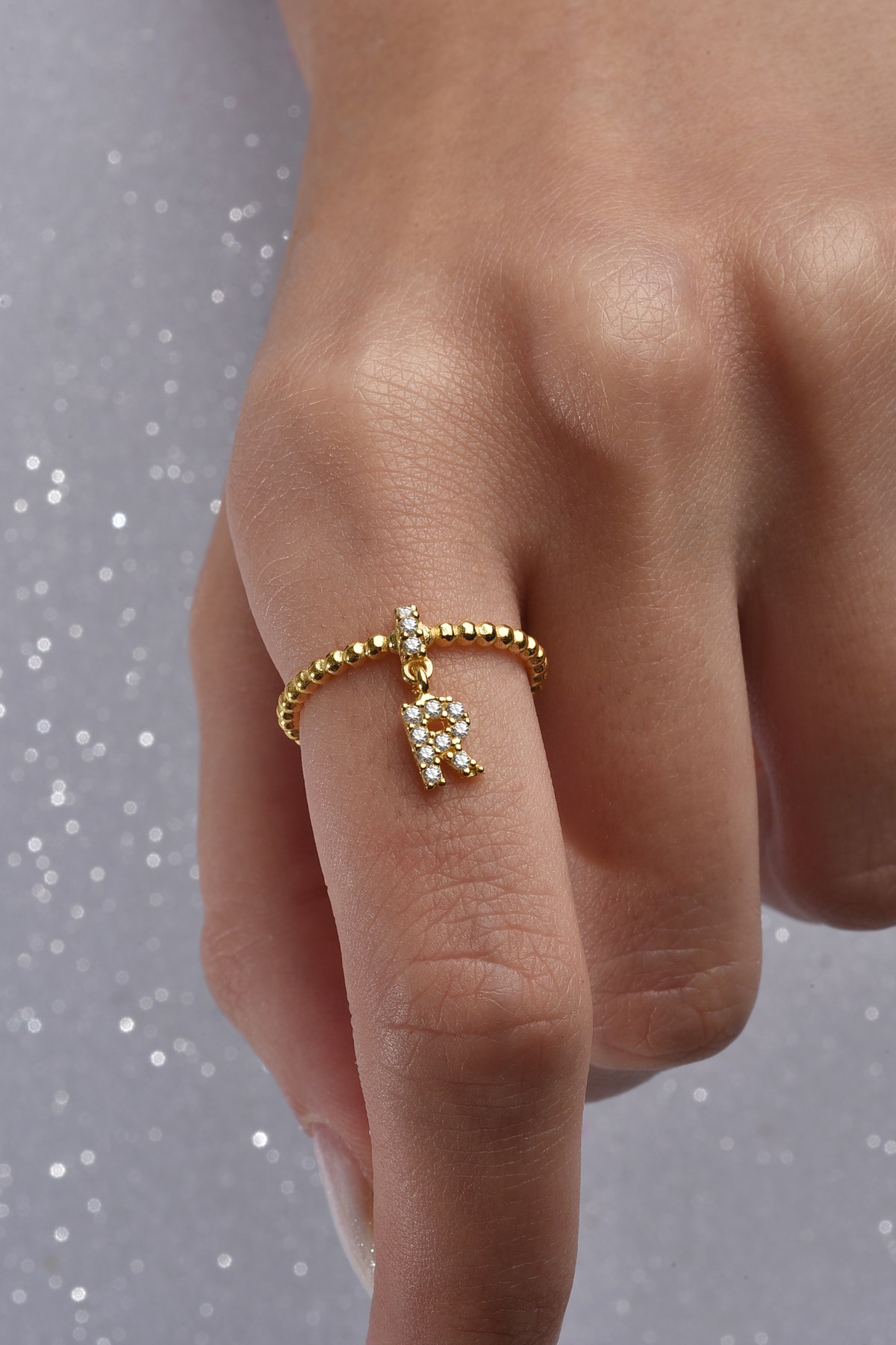 Gümüş 925 Ayar Zirkon Taşlı R Harf Ayarlanabilir Gold Yüzük