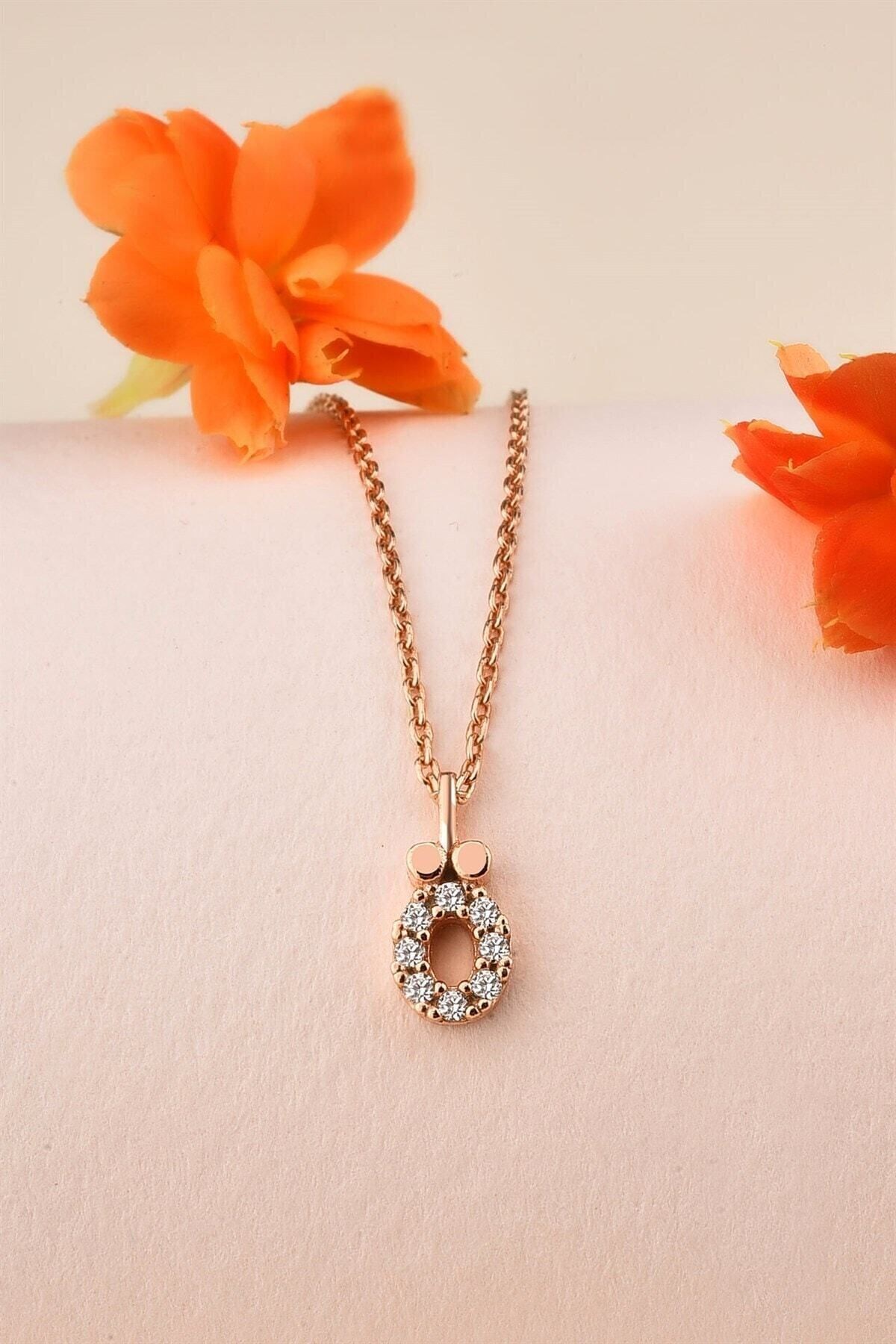 Gümüş 925 Ayar Zirkon Taşlı Rose Harf Kolye Ö