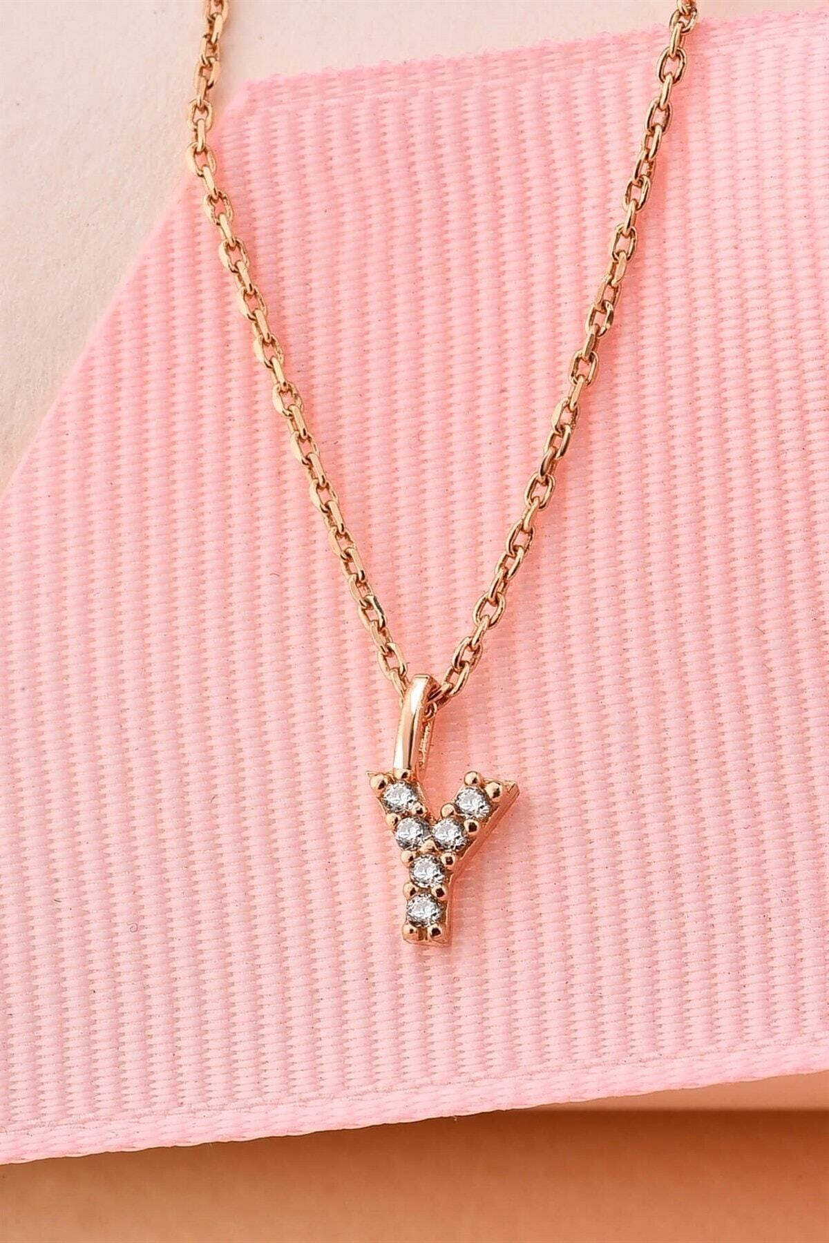 Gümüş 925 Ayar Zirkon Taşlı Rose Harf Kolye Y