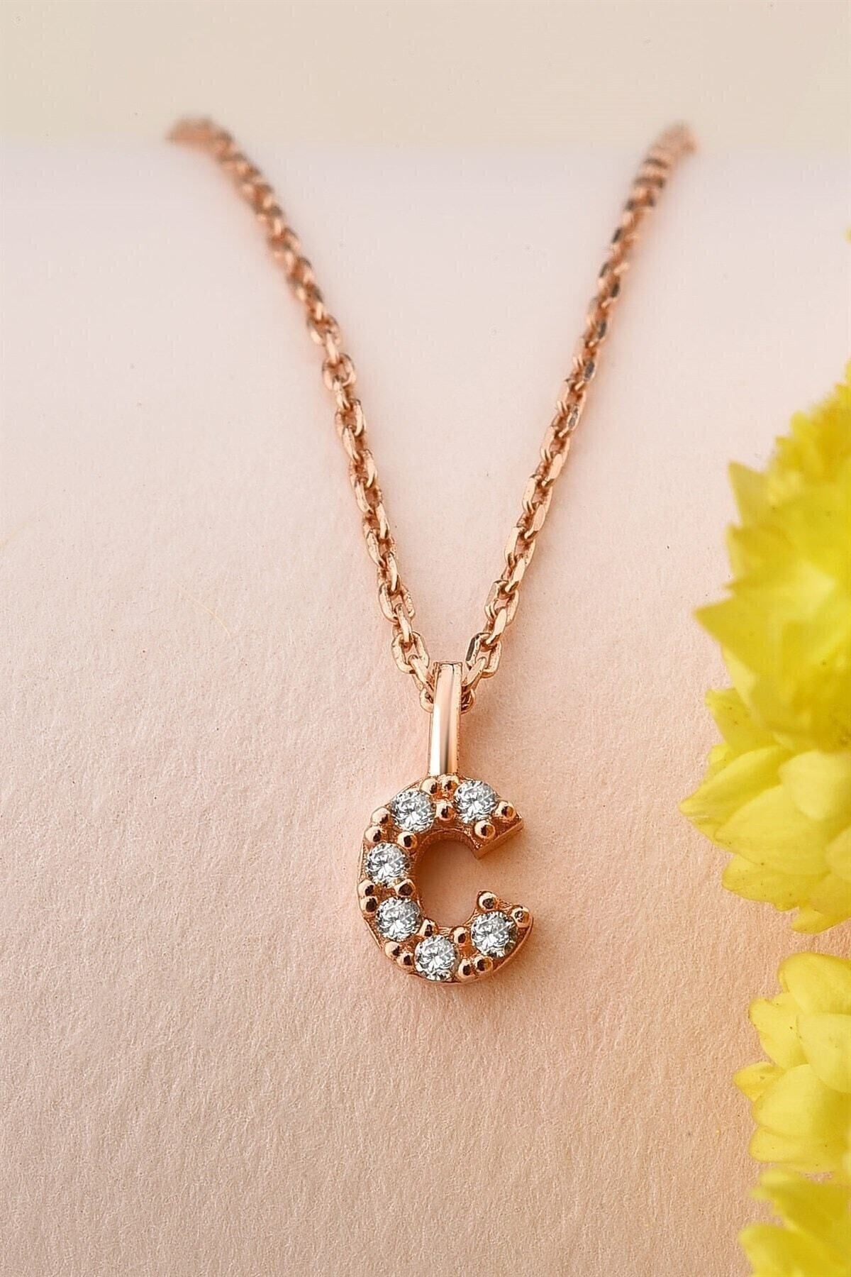 Gümüş 925 Ayar Zirkon Taşlı Rose Harf Kolye C