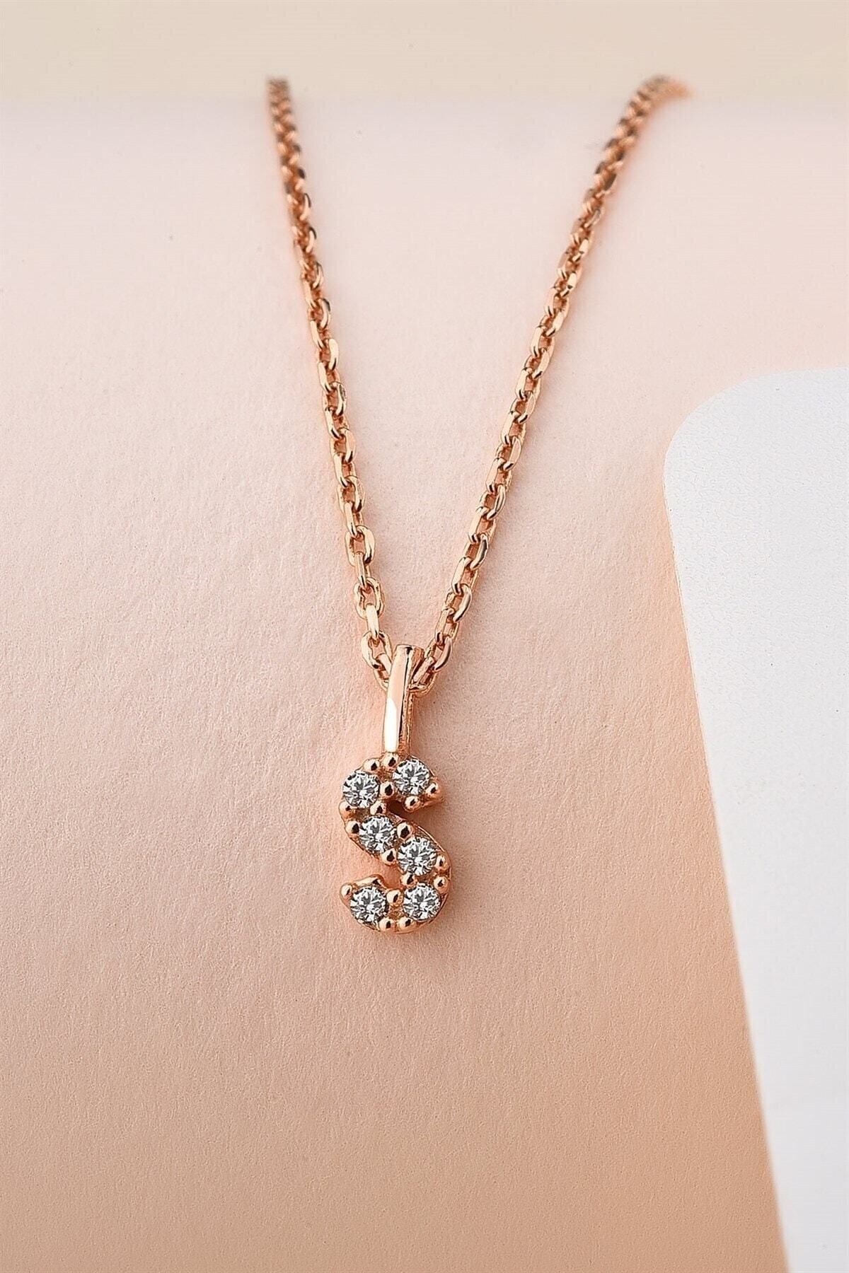 Gümüş 925 Ayar Zirkon Taşlı Rose Harf Kolye S