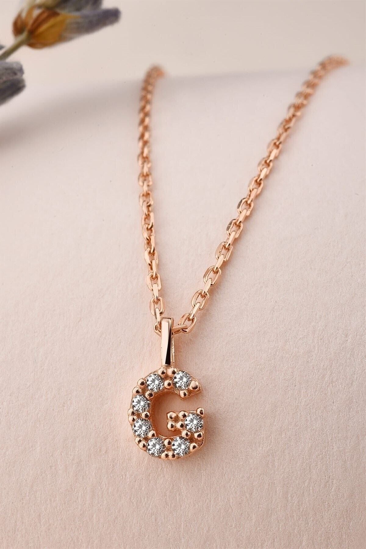 Gümüş 925 Ayar Zirkon Taşlı Rose Harf Kolye G