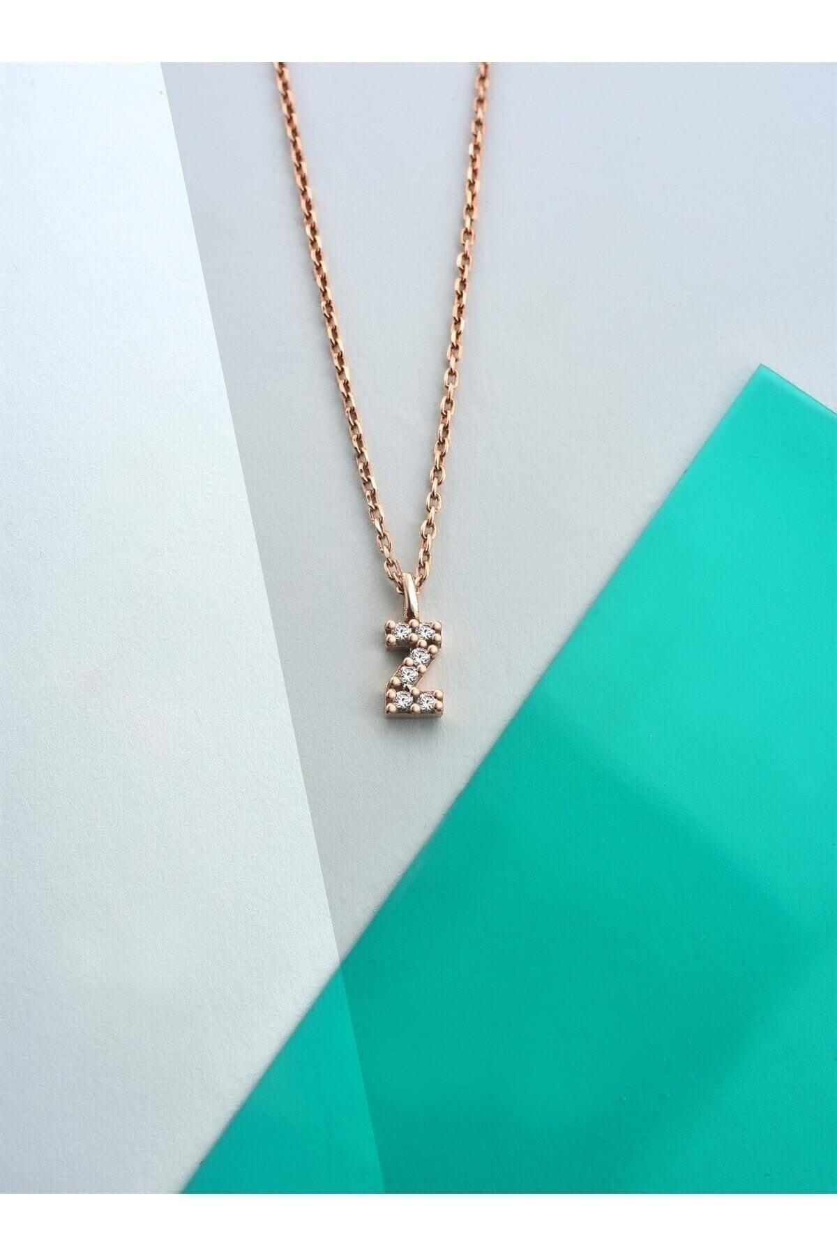 Gümüş 925 Ayar Zirkon Taşlı Rose Harf Kolye Z