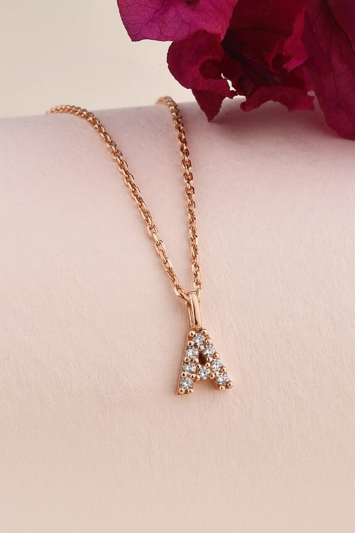 Gümüş 925 Ayar Zirkon Taşlı Rose Harf Kolye A