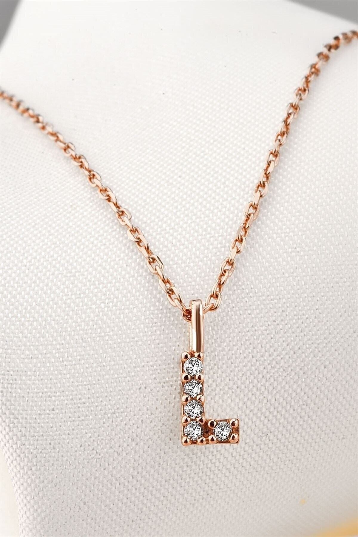 Gümüş 925 Ayar Zirkon Taşlı Rose Harf Kolye L